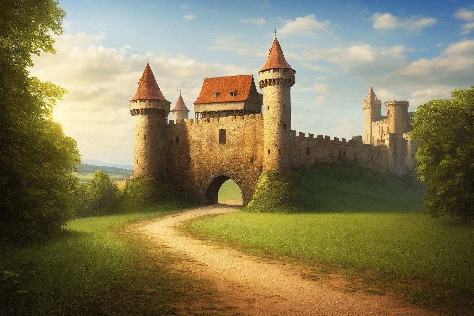Medieval Castle, dirt road leading to castle, ground view, distance view, photo realistic