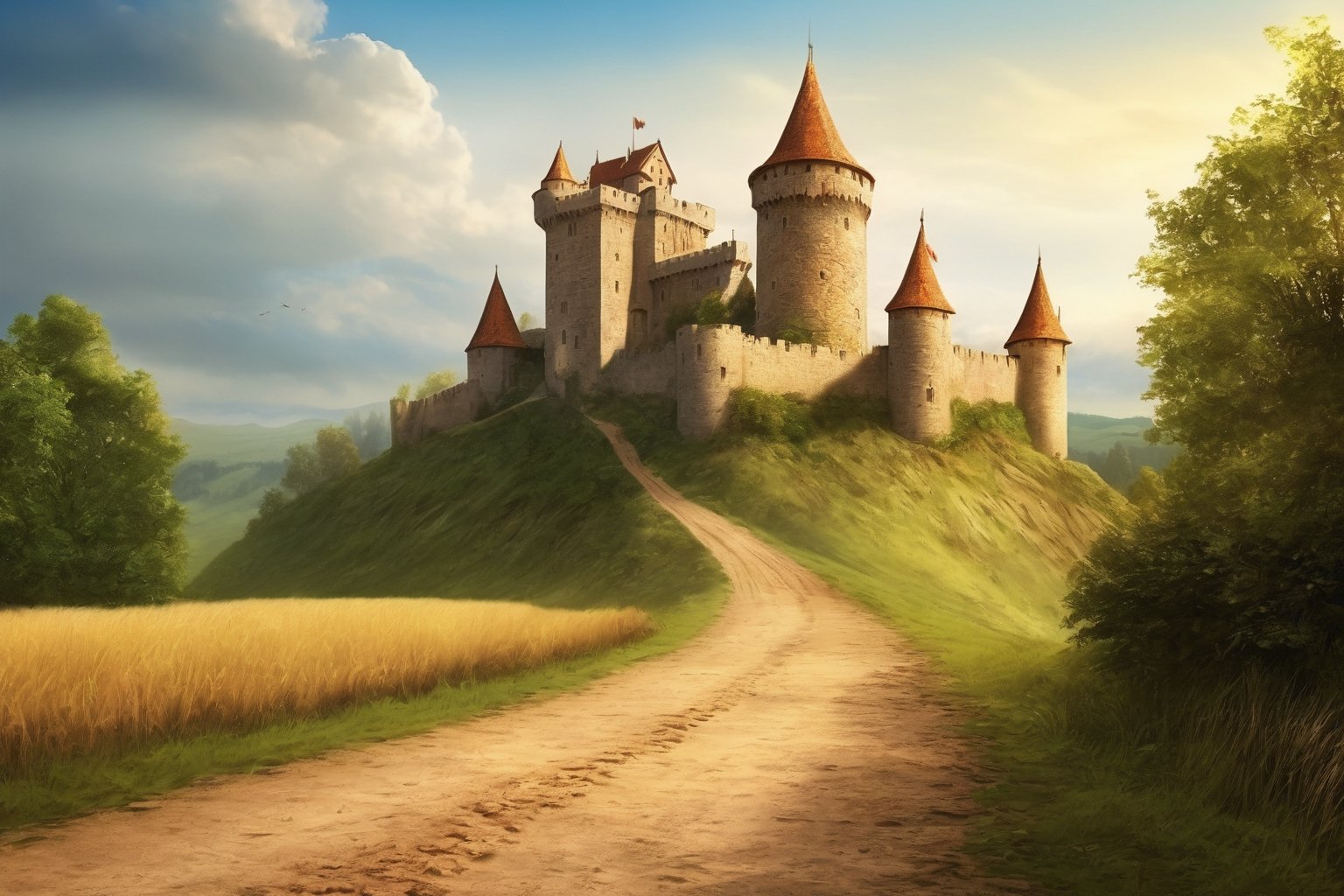 Medieval Castle, dirt road leading to castle, ground view, distance view, photo realistic