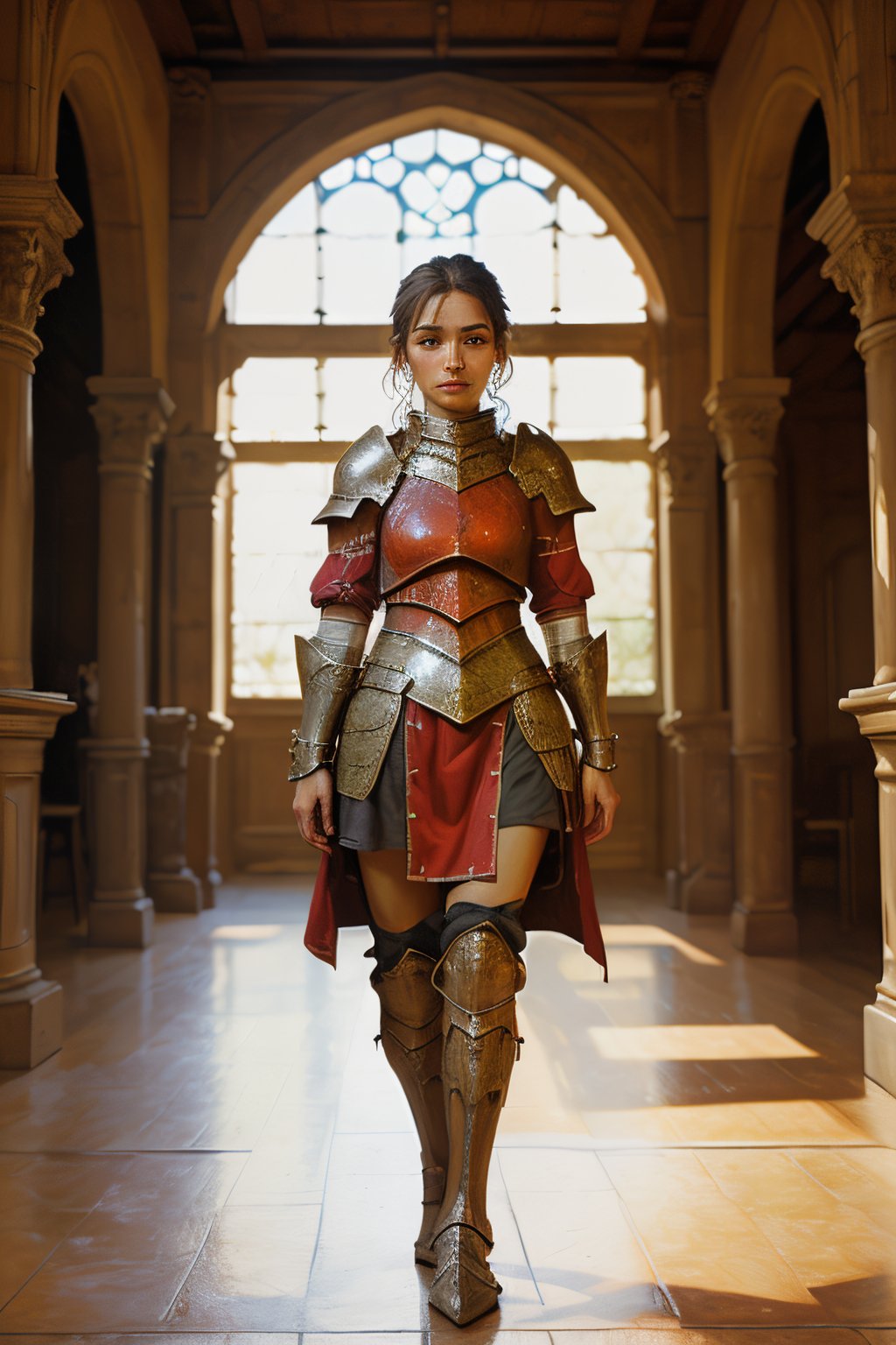 (full_body shot:1.4), age 20, photo of a beautiful woman, perfect fingers, subsurface scattering, detailed skin texture, textured skin, realistic dull skin noise, visible skin detail, skin fuzz, dry skin, exposed_face, (petite, photorealistic, photorealism:1.3), BREAK wearing full reddish armor, pauldrons, breastplate, buster sword, BREAK (upper_body frame:1.3), dynamic_pose, main hall, soft bounced lighting, rule_of_thirds, medieval armor,photo of perfecteyes eyes,perfecteyes eyes,oil painting