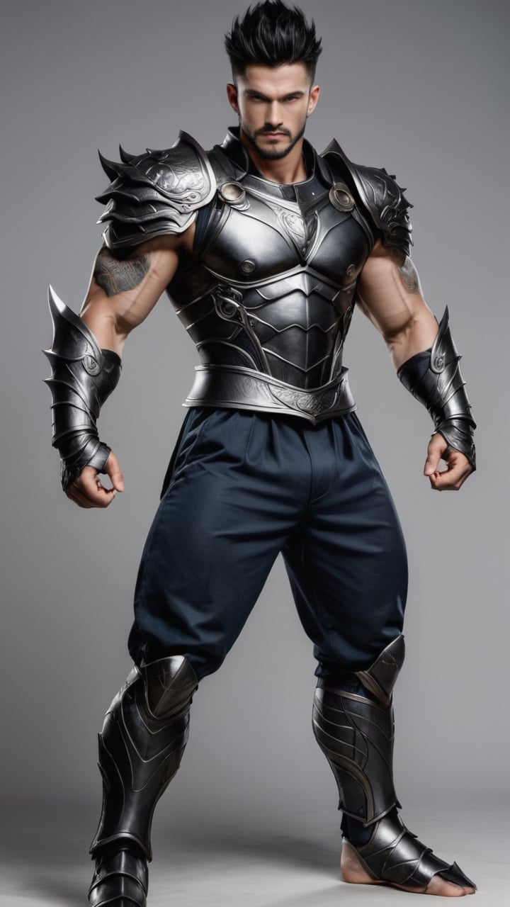  Budokai, standing pose, ,jaeggernawt, fighting_stance, basic_background
realistic, photo-real, dragon tattoos, black armour,