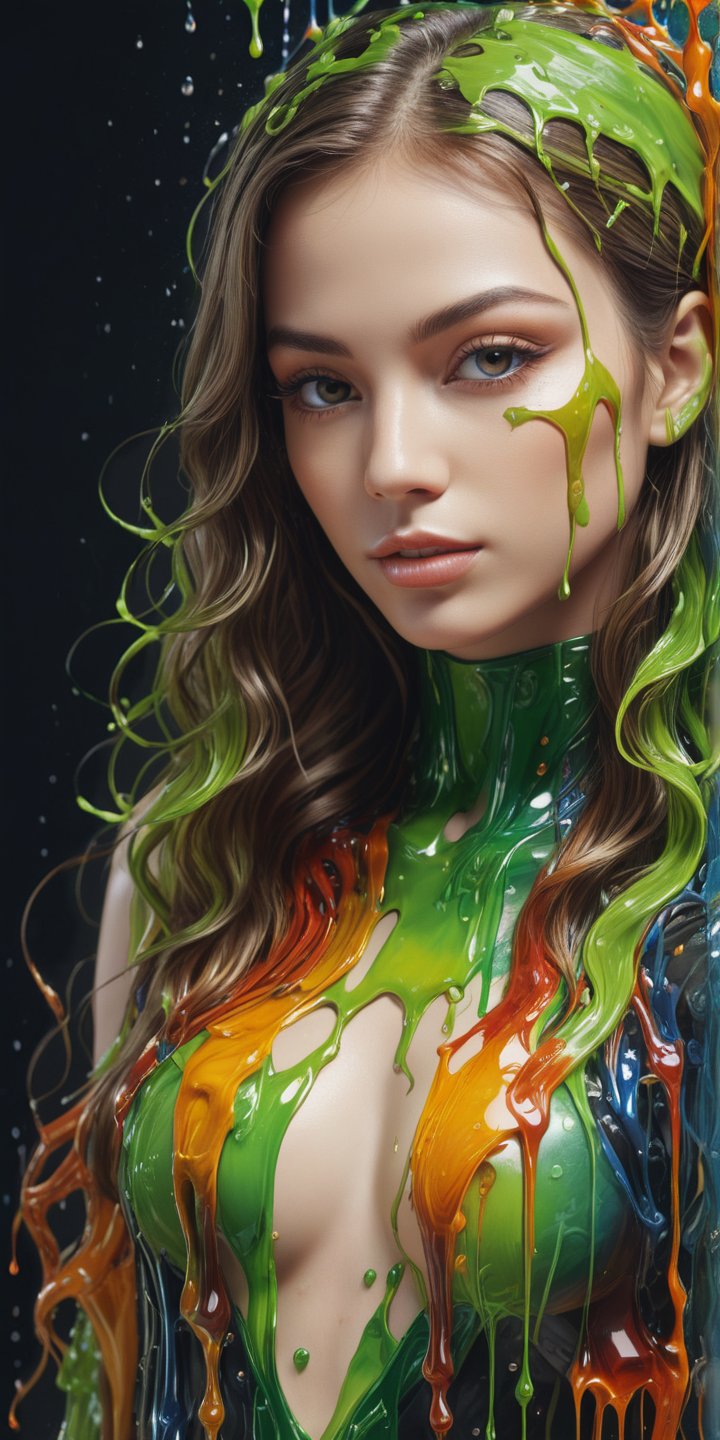 A jelly-style portrait, ultra quality,  fine artwork, acid lime, wet and dripping transparent paint, beautiful face,