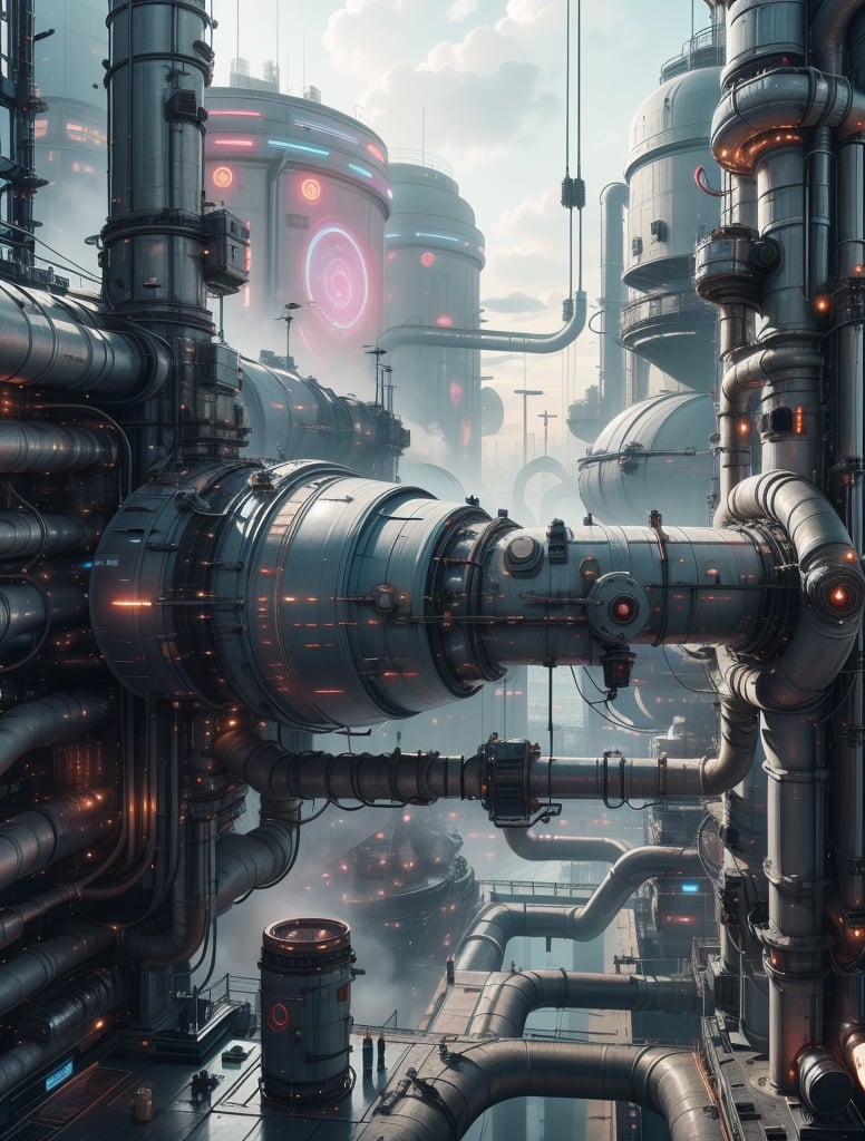 Sci-Fi factory, big Doom generators, huge pipes, Boilers, Analytical Instruments like Monitor display screens, Cooling Towers, exhaust coming out of pipes for generators, huge Fuel Storage units, huge industrial trucks, Control Rooms, Science fiction,  Dark and cloudy sky, super detailed, digital_art, high_resolution, 8k,wrench_elven_arch