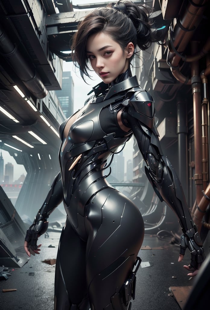 masterpiece, best quality, Solo girl, one girl, a beautiful sexy girl, standing on a pedestal, sexy hourglass figure,  smiling face, cyberpunk face, closed mouth, glossy skin, detailed big eyes, cute face, thick eyebrow, big fat lips, red lips, glossy thick lips, ((close up body from hip up)), Dramatic lighting, sci-fi lab background. slim body, Red short hair, High detailed face, face in the frame, (mid-close-up body view), brown eyes, detailed eyes, perfect hands, perfect feet, (looking at the viewer) hdr, 4k, 8k, ultra HD,  perfect eyes, High detailed, crisp image, (perfect eyes). full body view,  Enhance, High detail, full figure, machine legs and arms, detailed mechanical fingers, robot head, small breast, full body armor, chest armor, cyborg, robot, mechanical buddy universe,
masterpiece, cyber_tech body, perfect,stealthtech, (4k), (masterpiece), (best quality),(extremely intricate), (realistic), (sharp focus), (cinematic lighting), (extremely detailed), A futuristic tech ninja girl, standing on a neon-lit rooftop, overlooking a cyberpunk city. She is wearing a black stealth suit with glowing circuitry and armed with a katana blade and a variety of high-tech, cutting edge gadgets. ,stealthtech, scifi, cutting edge ,hackedtech, scifi, cyberpunk, green hues