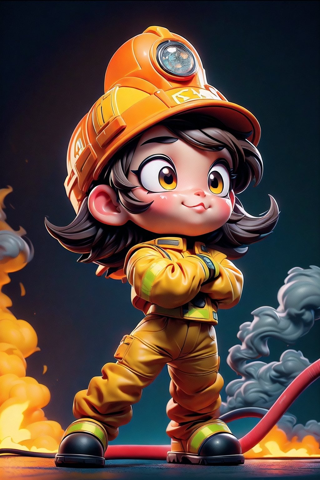 (detailed beautiful eyes and detailed face, masterpiece side light, masterpiece, best quality, detailed, high resolution illustration), ((2cute cartoon fireman back to back posing)), (future sense fireman:1.36), (short brown hair:1.38), (orange and yellow uniform:1.4), protection gear, armor, ((extra large helmet)), beautiful big eyes, fire scene background, ultra blur background, holding fire hose, front_view,  ((extra big head:1.5)), ((extra short body:1.5)), ((cute pose:1.4)), ((heavy dust and smoke environment)), dynamic light on body, ((front view)),(full body), urban techwear,C7b3rp0nkStyle,3DMM,l4tex4rmor,PD-802,mecha musume,halloweentech ,urban techwear