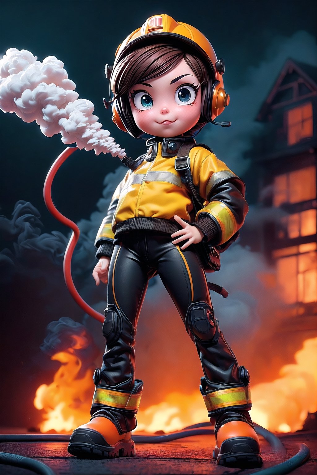 (detailed beautiful eyes and detailed face, masterpiece side light, masterpiece, best quality, detailed, high resolution illustration), ((2cute cartoon fireman back to back posing)), (future sense fireman:1.36), (short brown hair:1.38), (orange and yellow uniform:1.4), protection gear, armor, ((extra large helmet)), beautiful big eyes, fire scene background, ultra blur background, holding fire hose, front_view,  ((extra big head:1.5)), ((extra short body:1.5)), ((cool pose:1.38)), ((heavy dust and smoke environment)), dynamic light on body, ((front view)),(full body), urban techwear,C7b3rp0nkStyle,3DMM,l4tex4rmor,PD-802,mecha musume,halloweentech ,urban techwear