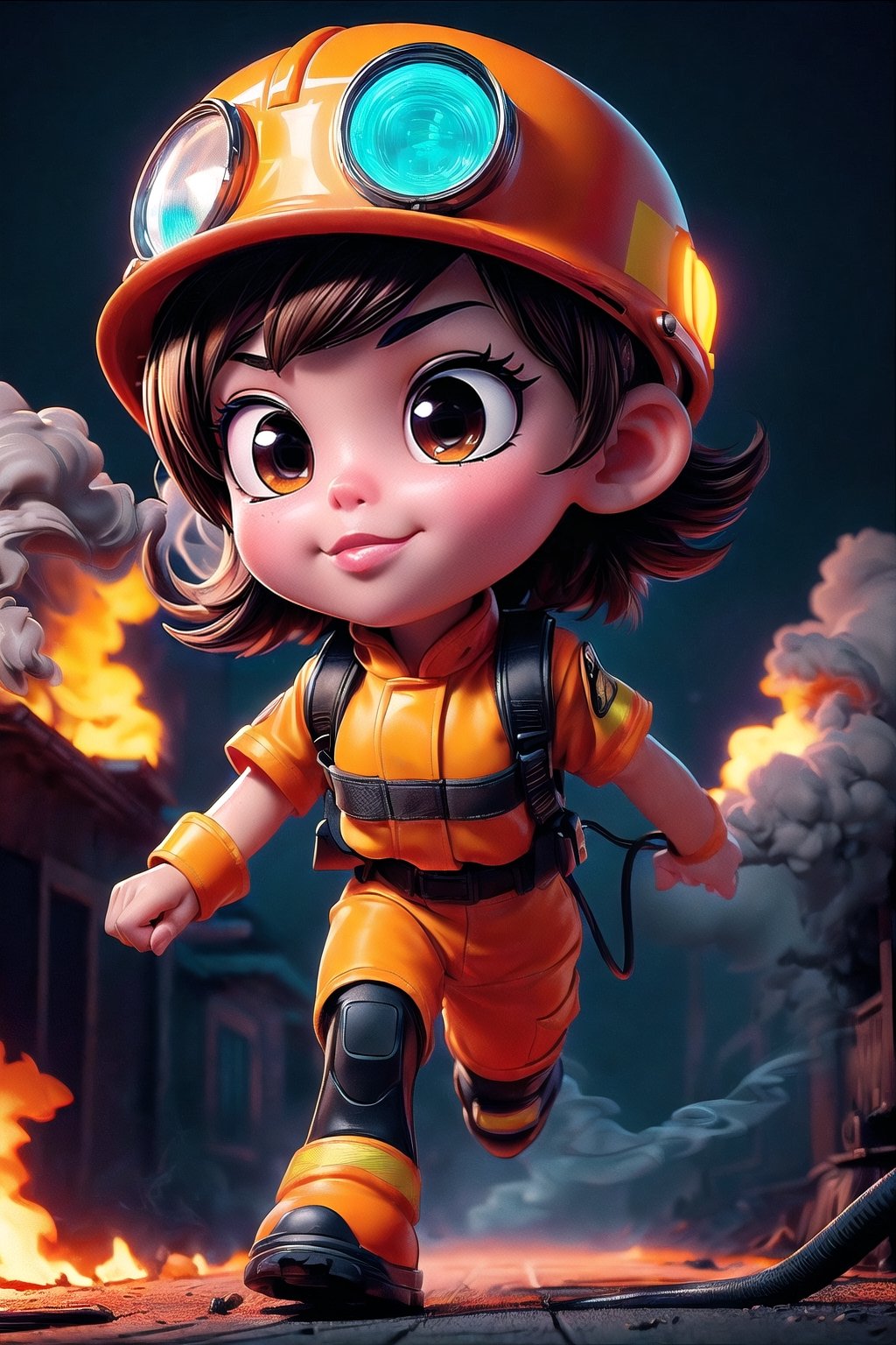 (detailed beautiful eyes and detailed face, masterpiece side light, masterpiece, best quality, detailed, high resolution illustration), ((1cute cartoon fireman)), (future sense fireman:1.36), (short brown hair:1.38), (orange and yellow uniform:1.4), protection gear, armor, ((extra large helmet)), beautiful big eyes, fire scene background, ultra blur background, holding fire hose, front_view,  ((extra big head:1.5)), ((extra short body:1.5)), ((run to viewer:1.38)), ((heavy dust and smoke environment)), dynamic light on body, ((front view)),(full body), urban techwear,C7b3rp0nkStyle,3DMM,l4tex4rmor,PD-802,mecha musume,halloweentech ,urban techwear