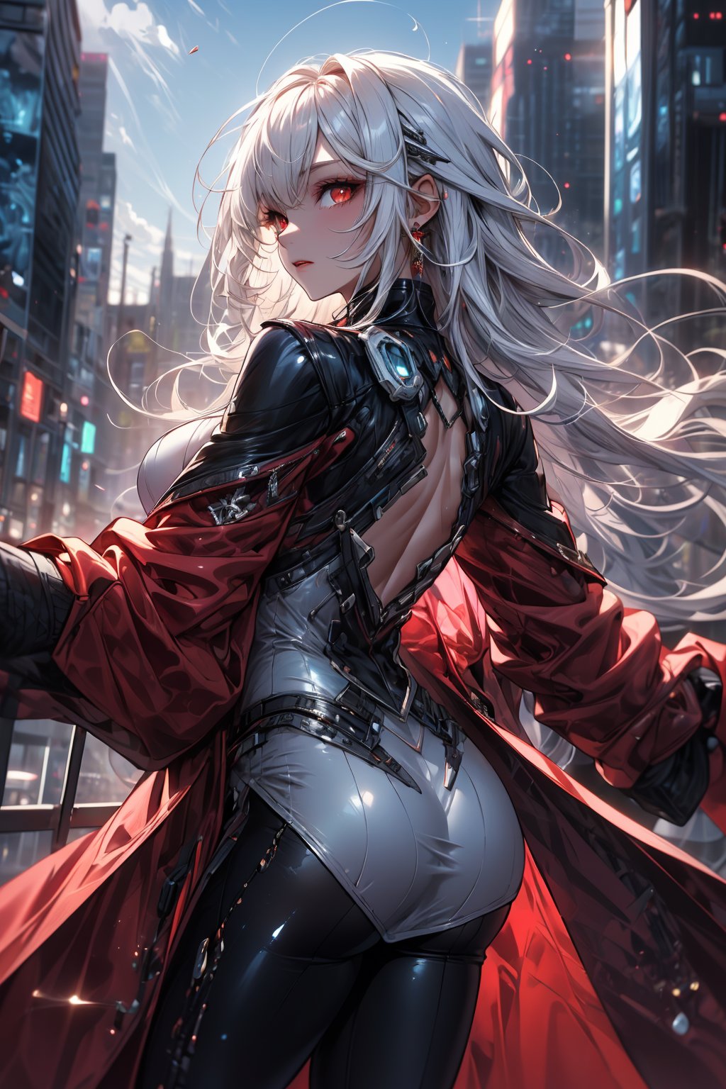 (1girl, long, scarlet hair, red eyes, medium hair, medium breasts, coat, long coat, red coat), (1boy, tall, white hair, red eyes, suit, black suit), fullbody, city, back to back, looking at viewer, aerial_view,perfect,yuzu,hand,DonMC3l3st14l3xpl0r3rsXL