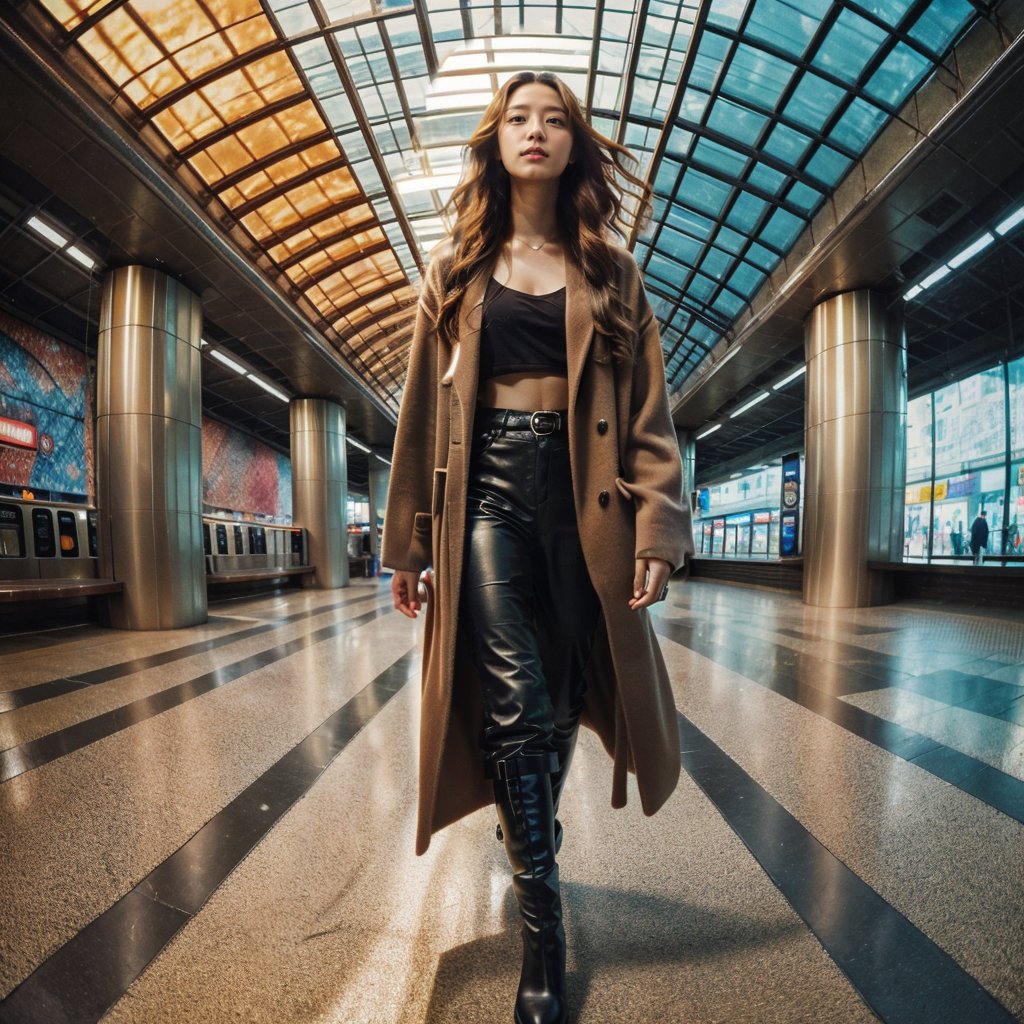 Realistic 16K resolution photography of a girl with golden wavy hair flows in the wind; wearing a brown jacket and leather pants, black boots, and a black sword in her hand, walking in the MRT station, with round metal pillars and a ceiling made of colored glass behind her.
break, 
1 girl, Exquisitely perfect symmetric very gorgeous face, Exquisite delicate crystal clear skin, Detailed beautiful delicate eyes, perfect slim body shape, slender and beautiful fingers, nice hands, perfect hands, illuminated by film grain, realistic skin, dramatic lighting, soft lighting, exaggerated perspective of ((fisheye lens depth)),