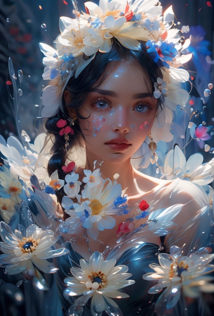 face of a woman made with flowers, Transparent Glass Flowers, Red flowers, Blue flowers, glowing flowers,flowers,girl,flower_of_ice,with flowers,bamby ,Glass flowers,High detailed 