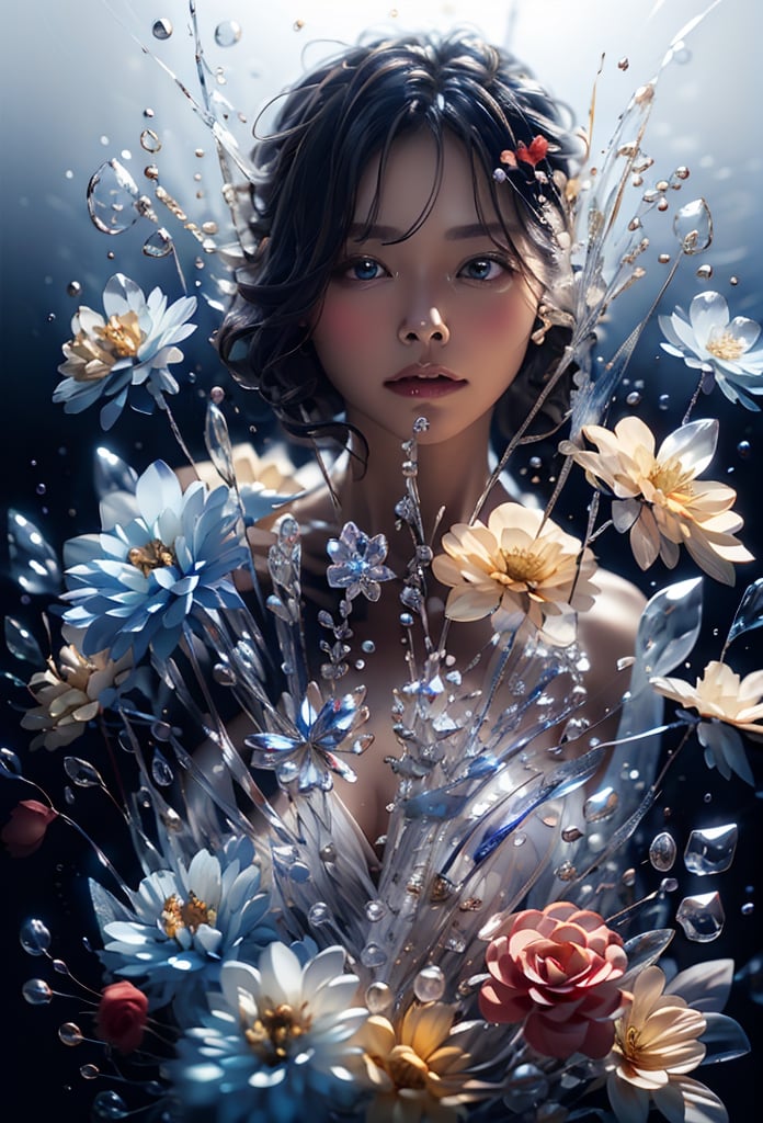 face of a woman made with flowers, Transparent Glass Flowers, Red flowers, Blue flowers, glowing flowers,