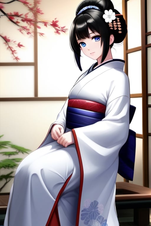 Android geisha, asian_female, blue_eyes, black_hair, full_body, white_kimono, noble, white_socks, zengarden_background