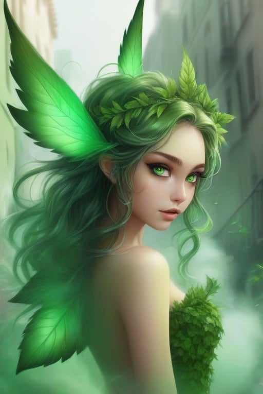 cannabis, green, green_eyes, green_light, green_fairy, background_city, green_wings, leafs_in_hair, realistic, smoke