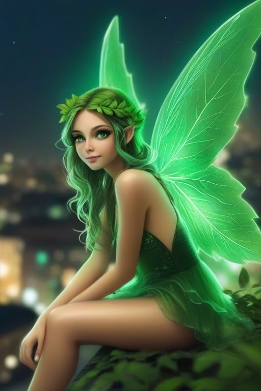 cannabis, green, green_eyes, green_light, green_fairy, background_city, green_wings, leafs_in_hair, realistic, smoke, night, full_body, sitting_on_edge
