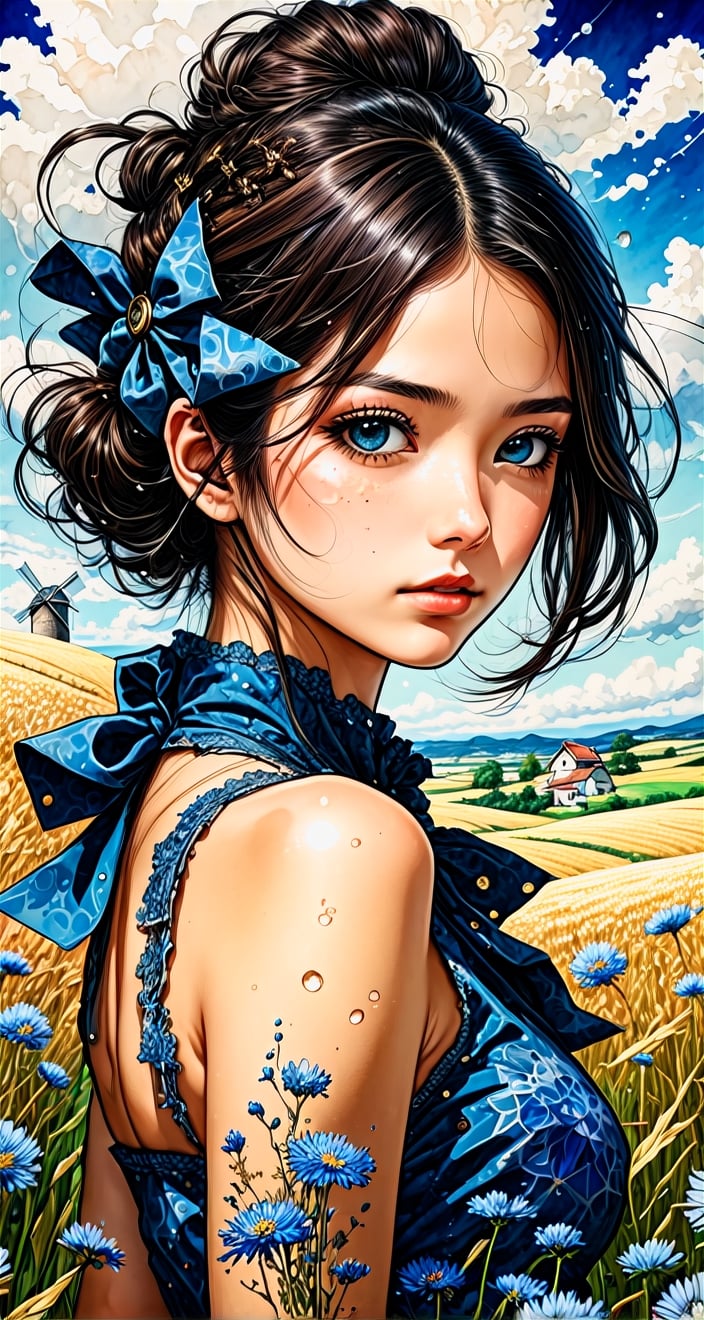 beautiful , cute , tender,  cracked paper, two parts in one art, splatter alcohol ink, manga  art , , steampunk, cornflowers, rye field , girl , detailed abstract sky with clowds, windmill, houses,  dynamic intricated pose, close portrait light on face, shadow play, perfect faces, sharp glowing eyes,  Rebecca Sugar , Satoshi Kon and Miyazaki complex manga art , Ghibli studio, patchwork, mosaic, storybook illustration, highly detailed unusual beautiful details, intricated, intricated pose, tiny details masterpiece, high quality, intricated lighting, luminism