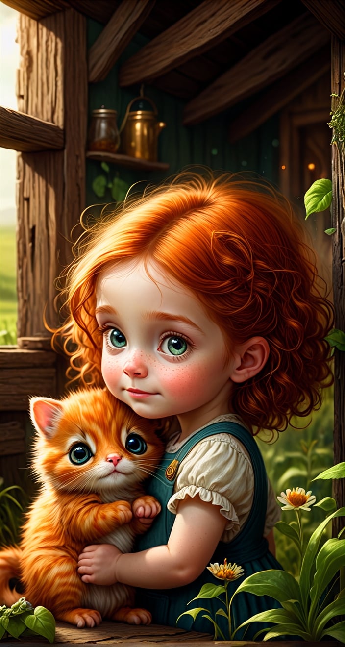 Chris Ryniak, Rebecca Sugar Andy Kehoe style , , cuteness overload, , digital portrait, cinematic, fantasy, fairytale, a close up highly detailed happy ginger-haired colorful dressed smiling farm tiny girl and tiny fluffy monster creatures, farm house, countryside, pastoral, farm, sunbeams, glowing eyes, detailed girl face, close macro girl portrait dynamic pose, sharp eyes, unusual, modern. heartwarming, cozy, fairytale, fantasy, detailed textures, artistic dynamic pose, tender, atmospheric, sharp focus, centered composition, complex background, soft haze, masterpiece. animalistic, beautiful, tiny detailed