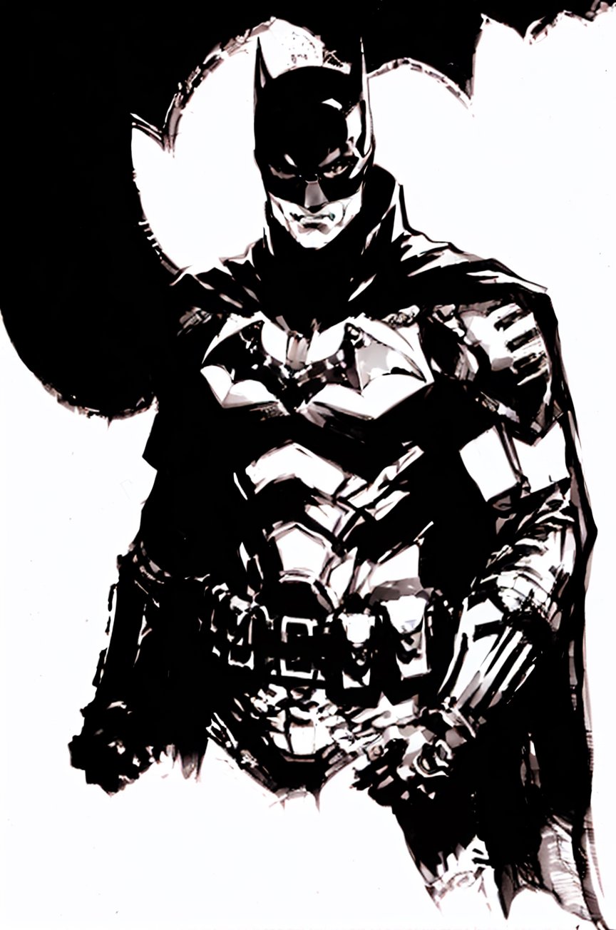 (shinkawa youji:1.5), 1boy, greyscale, male focus, (monochrome), ((masterpiece)),man with batman costume mask and cape