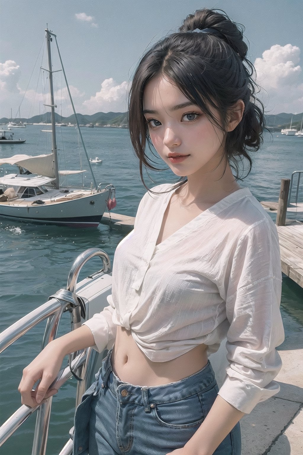 1girl, Japanese, exotic, slightly tanned skin, 20 years old, masterpiece, proper anatomy, short hair, best quality, ultra realistic, ultra detailed, 8k UHD, smirk, outdoor, summer, beach, yacht in background, front view, standing, natural, plain, average, upper body, tiny breasts,
AgoonGirl,High detailed,