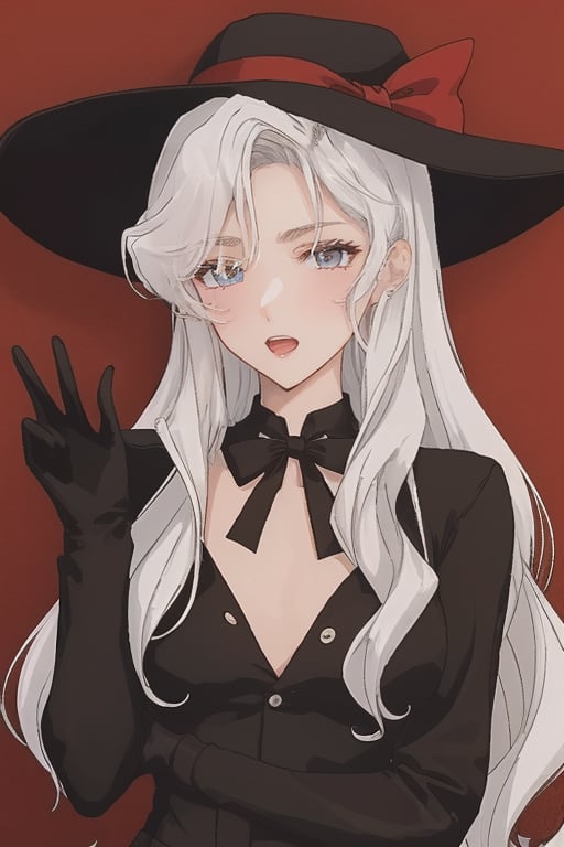 black hat, white hair, long hair, ((white eyes)), red lipstick, black shirt, red bow on chest, black gloves, white eyes,PHbtt90s_style