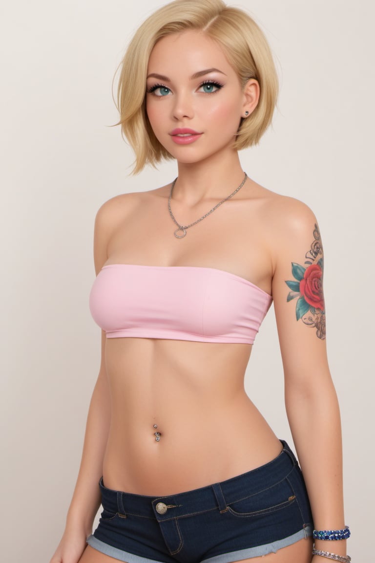 1girl, eyebrow piercing, tattoo, jewelry, lip piercing, navel piercing, blonde hair, short hair, tube top, necklace, nose piercing, shorts, lips