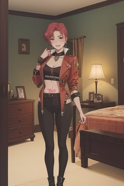 ,,1girl, tattoo, 1woman, (face detail), ((proximity:0.5), (full body), red hair, smile, ((piercing in the face)), mole in the face, made of pieces, steampunk style, inside her room with (neon), ,PHbtt90s_style