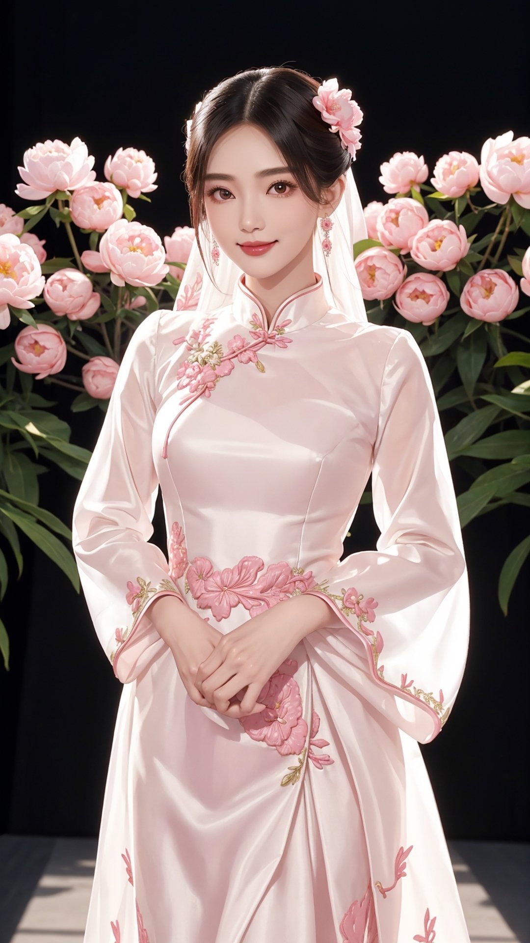 https://s.mj.run/VGDMXq33t8w https://s.mj.run/VMzTvdE0h7g Master works, beautiful female model with big eyes in China, catwalk at the venue, new Chinese style, simple atmosphere, 3D embroidery, white silk fabric embroidered with pink peony flower pattern long-sleeved dress, clear pattern, super shiny and thick fabric, real picture, real person photo, best picture quality, super high definition and super high resolution. The model smiles.flowers bloom and lighting bokeh background 