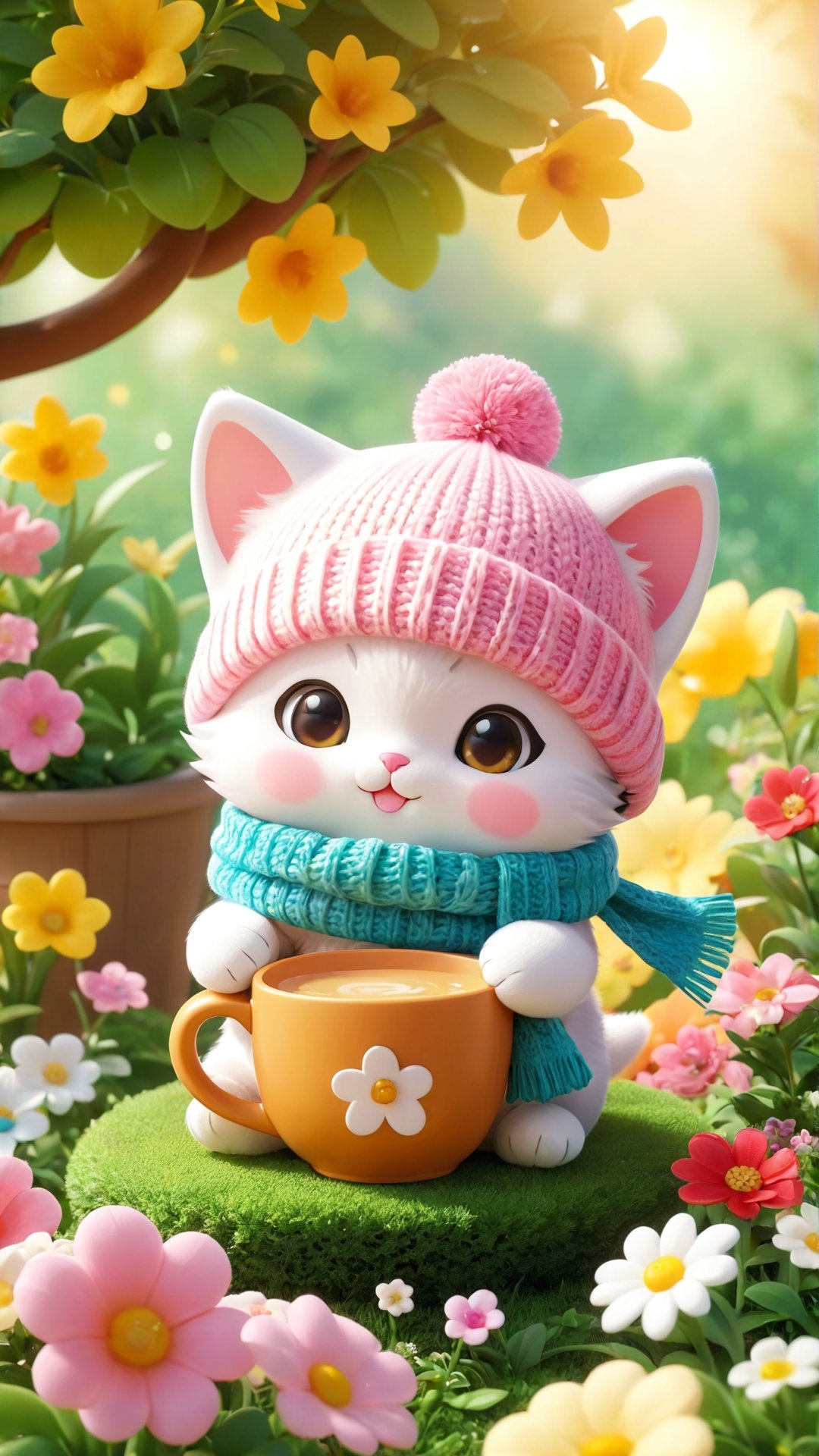 "Chibi" mascots include a cute Kitten with a cup, wearing a knitted hat and scarf, hyper realistic soft toy on a flower garden background, very cute, happy and beautiful, cute detailed illustration expressing joy, fully dressed, tiny, cute scene, stunning, tiny detail, fluffy, beautiful art, 3d render, cinematic
负向提示