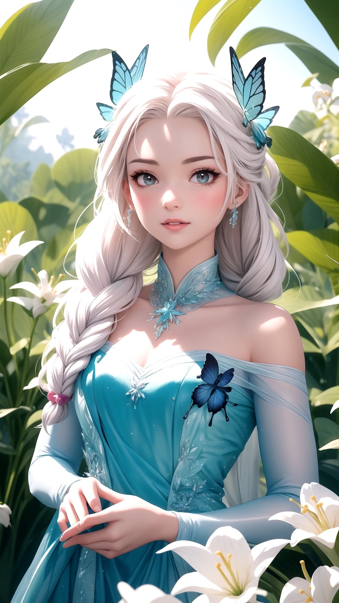Real-life Elsa from Frozen, who travels the world as a social media influencer, wore eye makeup from Disney's Frozen on a lavish floral Versailles balcony while surrounded by magical butterflies Christmas Paradise 🦋 ✨ Colorful lights hanging on the lily of the valley, photo style - realistic techniques, kawaii aesthetics, cute and colorful, colorful garden, colorful, naturecore, realistic use of light and color