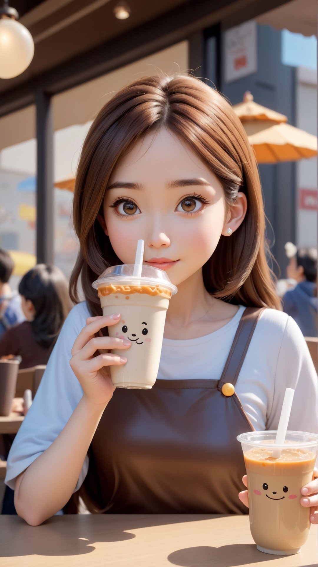 Pixar anime movie scene style, Disney anime scene style, an anime girl drinking Pearl milk tea at a table, in the style of realistic images, childlike, realistic lifelike figures, he Jiaying, white and brown, cute and colorful, shiny/glossy, Realistic photograph, high quality, portrait photograph