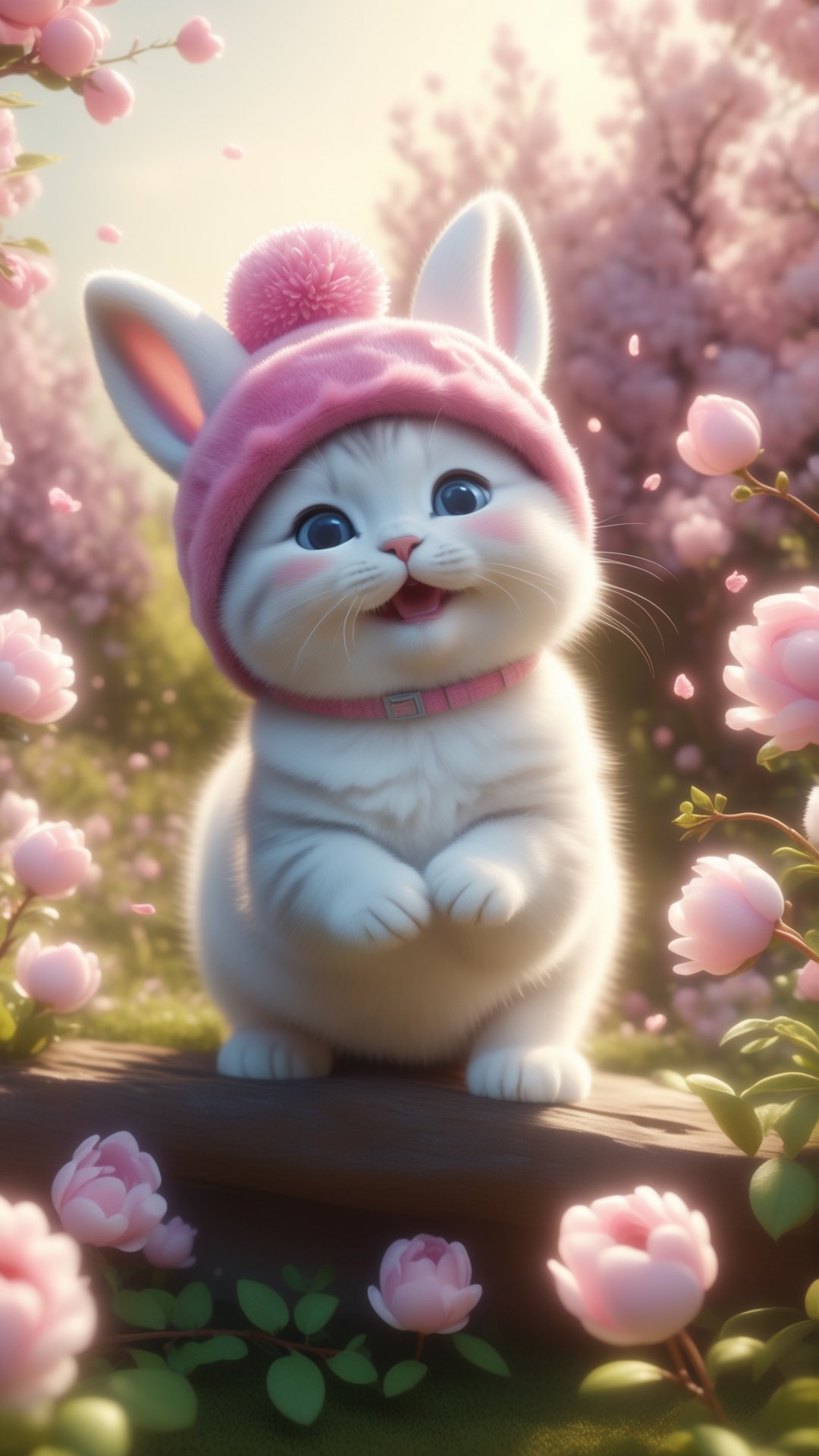 Pixar and Disney animation movie scene style, render style anime style, plum blooming, Cute chubby kitten wearing pink and white bunny hat, standing on the flowers branch, Serene, Art Hoe, Detailed Painting, adorable and lovely, fluffy and fat kitten, smile and happy, 😊 GoPro view, Blender rendering, Sharp, 