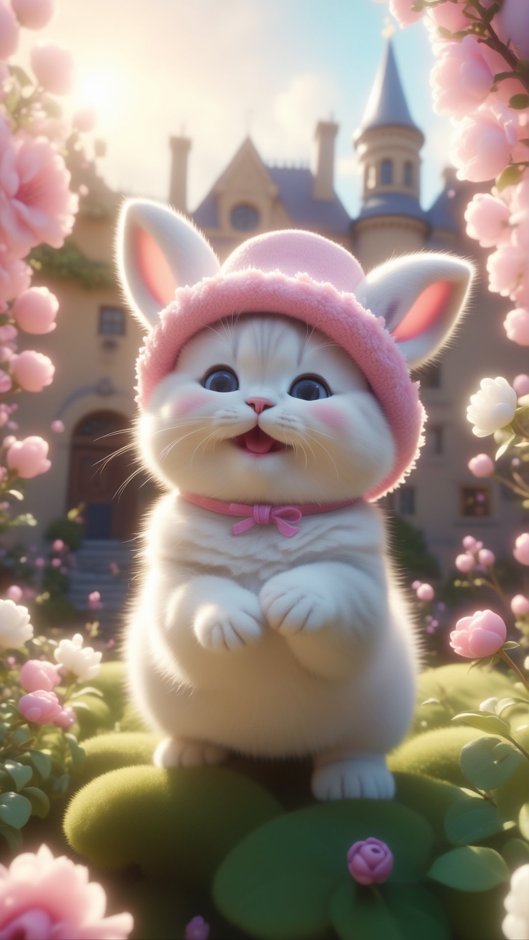 Pixar and Disney animation movie scene style, render style anime style, plum blooming, Cute chubby kitten wearing pink and white bunny hat, standing on the flowers branch, Serene, Art Hoe, Detailed Painting, adorable and lovely, fluffy and fat kitten, smile and happy, 😊 GoPro view, Blender rendering, Sharp, 