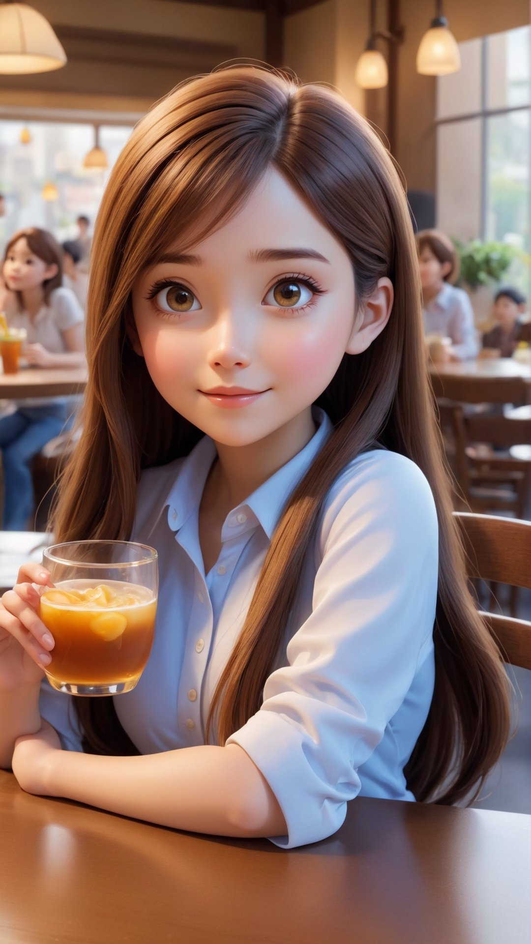 Pixar anime movie scene style, Disney anime scene style, an anime girl drinking at a table, in the style of realistic images, childlike, realistic lifelike figures, he Jiaying, white and brown, cute and colorful, shiny/glossy, Realistic photograph, high quality, portrait photograph