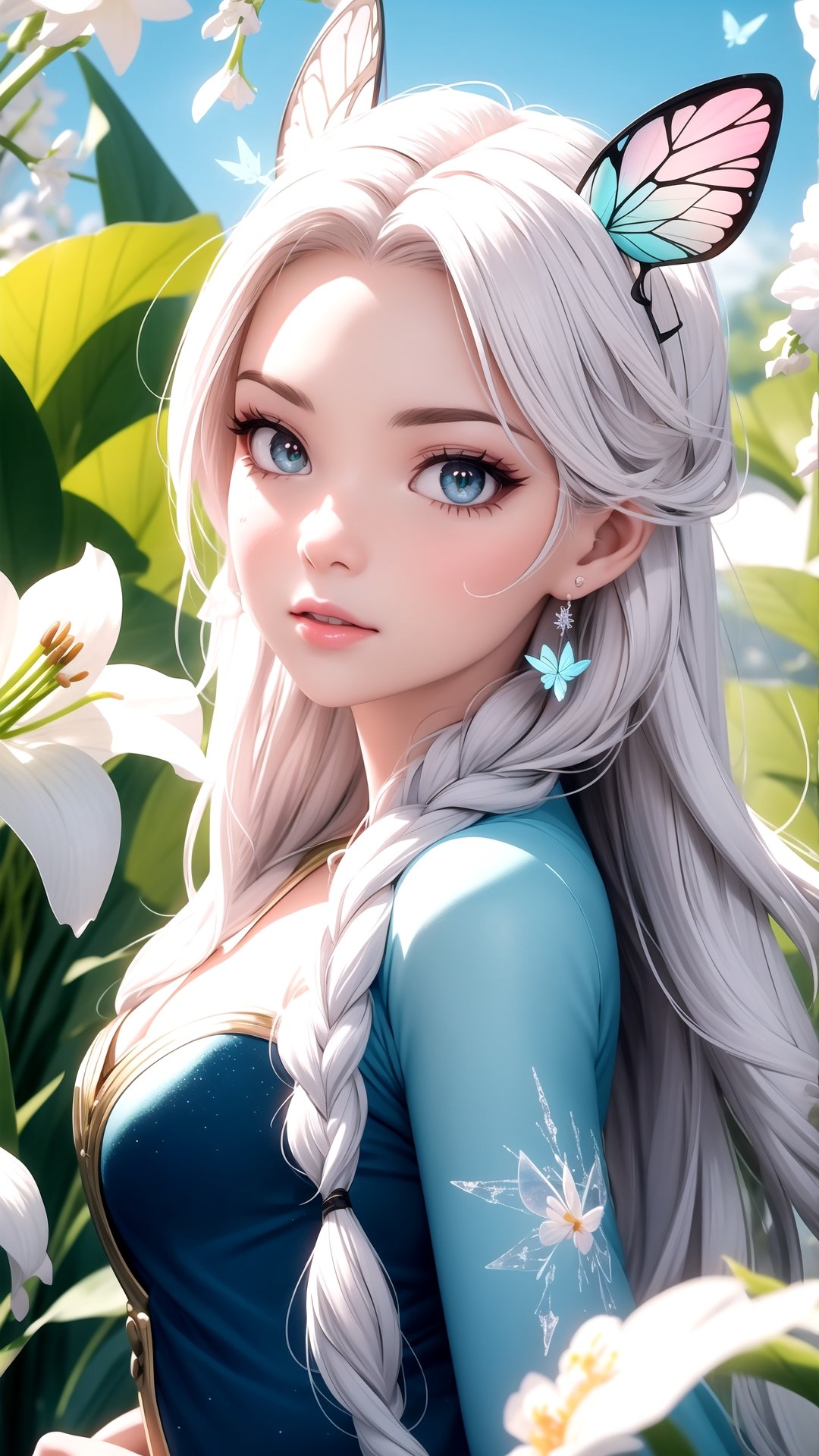 Real-life Elsa from Frozen travels the world as a social media influencer and showcases her Disneyland experiences on the lavish floral Versailles balcony Elsa's eye makeup from Disney's Frozen 》, in a Christmas paradise surrounded by magic butterflies 🦋 ✨ Colorful lights hanging on the lily of the valley, photo style - realistic techniques, kawaii aesthetics, cute and colorful, colorful garden, colorful, naturecore, realistic use of light and color