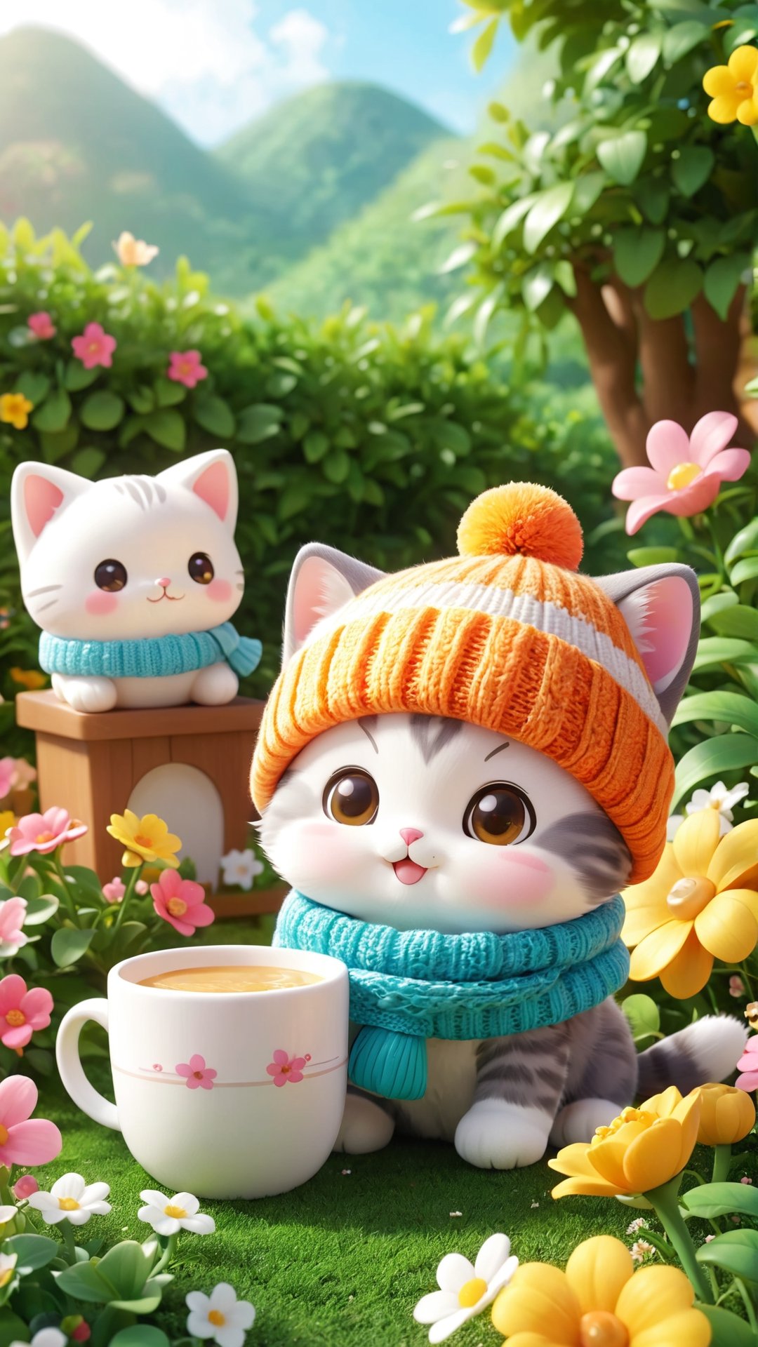 "Chibi" mascots include a cute Kitten with a cup, wearing a knitted hat and scarf, hyper realistic soft toy on a flower garden background, very cute, happy and beautiful, cute detailed illustration expressing joy, fully dressed, tiny, cute scene, stunning, tiny detail, fluffy, beautiful art, 3d render, cinematic
负向提示