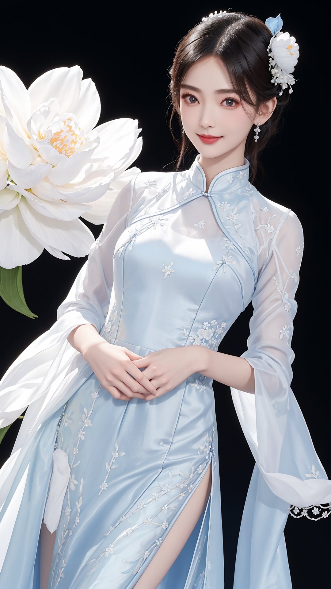 https://s.mj.run/VGDMXq33t8w https://s.mj.run/VMzTvdE0h7g Master works, beautiful female model with big eyes in China, catwalk at the venue, new Chinese style, simple atmosphere, 3D embroidery, white silk fabric embroidered with light blue peony flower pattern long-sleeved dress, clear pattern, super shiny and thick fabric, real picture, real person photo, best picture quality, super high definition and super high resolution. The model smiles.flowers bloom and lighting bokeh background 