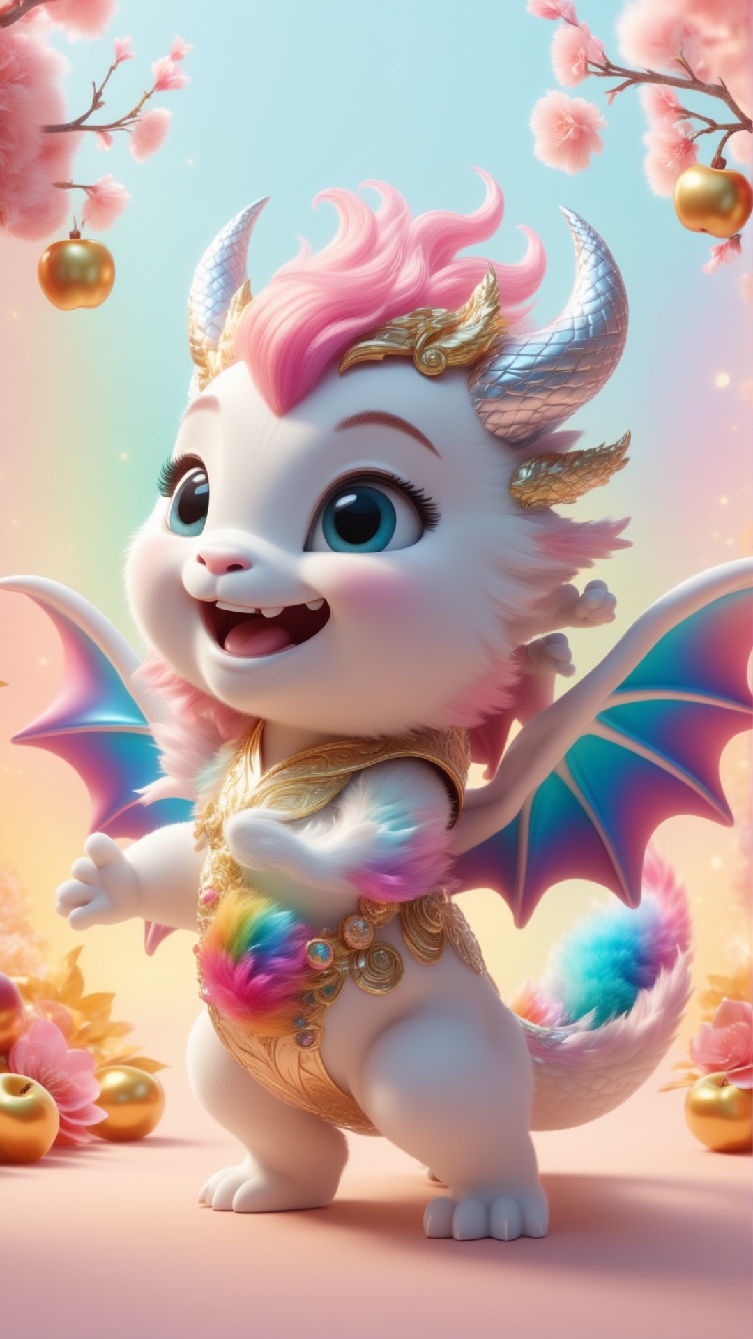 Cartoon character design, a rainbow-colored super cute chibi drago baby with a fluffy tail, wearing silver white New Year's dress, colorful bright big eyes, learning to walk, cute stance, two cute golden dragon horns on the head and two peach blossoms, enchanting, fluffy, shiny mane, petals, fairyism, pixar style, smile happily, anthropomorphic, Key Visual, Beautiful Back Lighting, Bright Pastel Colors, Soft and clean white pink background, trending on artstation, illusory engine 5 and octane render, high definition aesthetic pictures, 4k , hd 