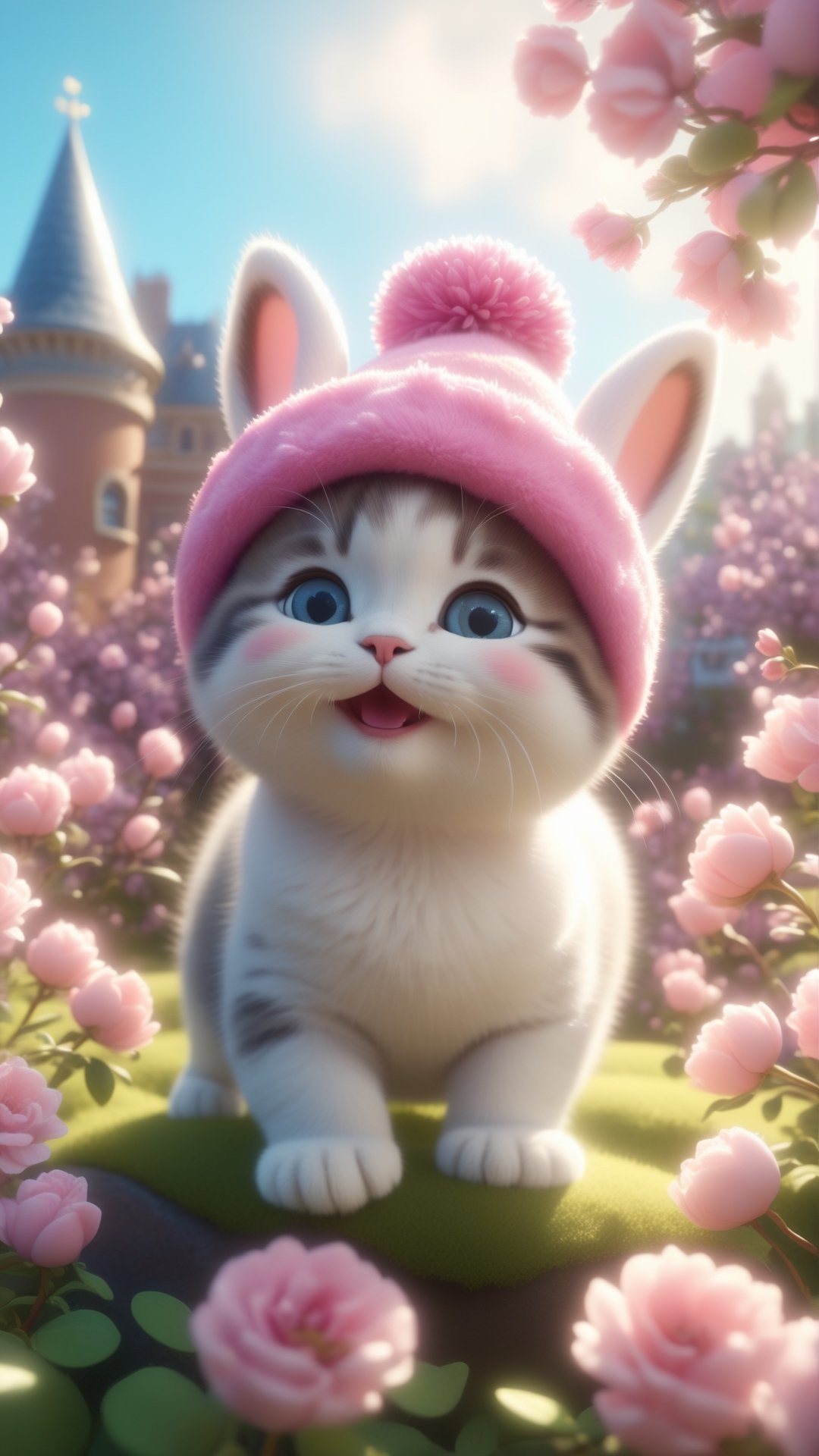 Pixar and Disney animation movie scene style, render style anime style, plum blooming, Cute chubby kitten wearing pink and white bunny hat, standing on the flowers branch, Serene, Art Hoe, Detailed Painting, adorable and lovely, fluffy and fat kitten, smile and happy, 😊 GoPro view, Blender rendering, Sharp, 