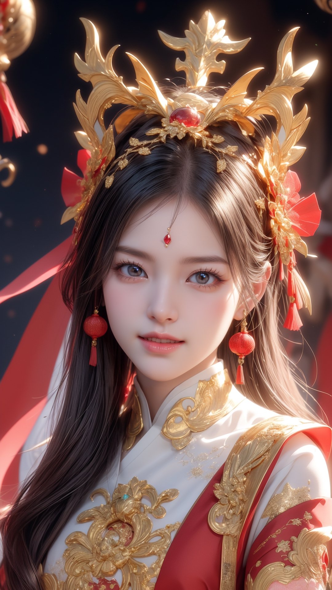 Generate an image with a red background, featuring a pure gold Chinese dragon centered in the picture. Decorate the dragon with Chinese New Year decorations, scatter gemstones, and incorporate a strong sense of light and shadow. Utilize 3D rendering to make the image lifelike. Include other symbols of prosperity and happiness, such as blooming peach blossom and laughing children, and add a graceful lunar rainbow arching across the sky. This is the perfect image for wishing prosperity and good luck in the New Year!
