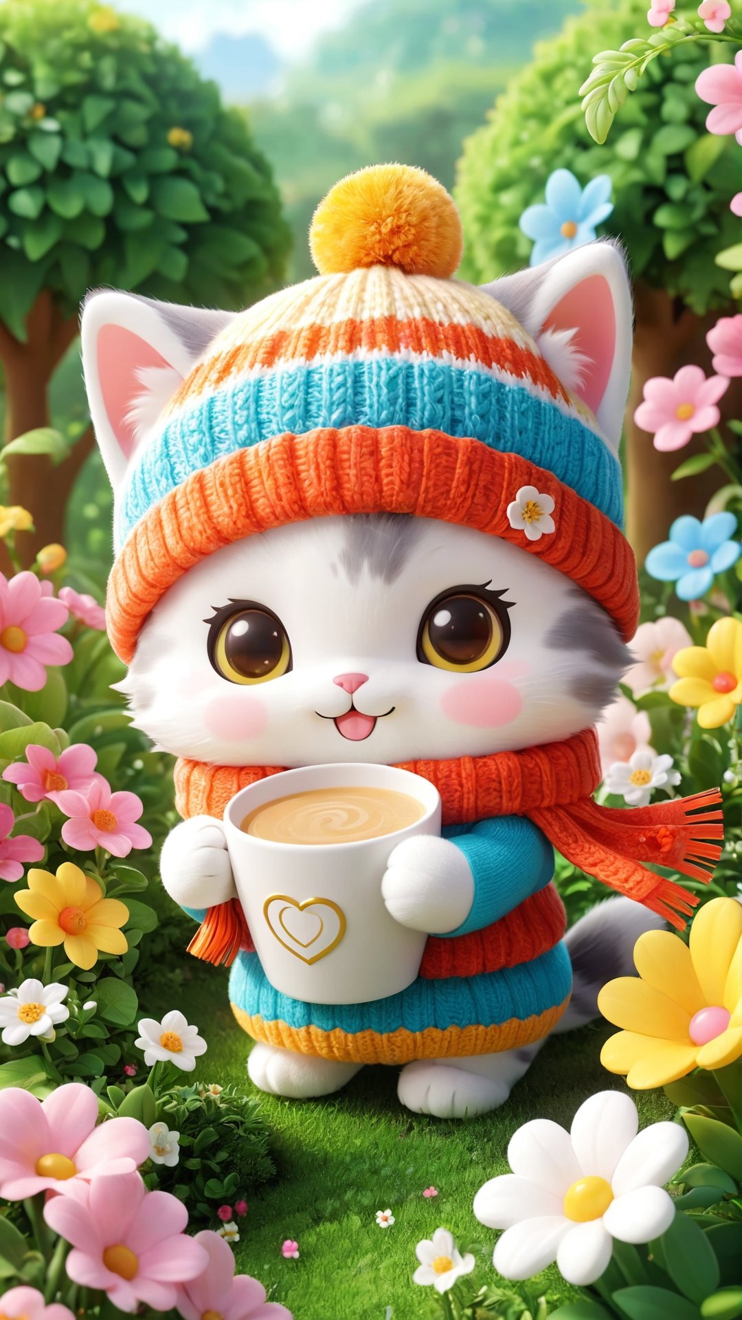 "Chibi" mascots include a cute Kitten with a cup, wearing a knitted hat and scarf, hyper realistic soft toy on a flower garden background, very cute, happy and beautiful, cute detailed illustration expressing joy, fully dressed, tiny, cute scene, stunning, tiny detail, fluffy, beautiful art, 3d render, cinematic
负向提示