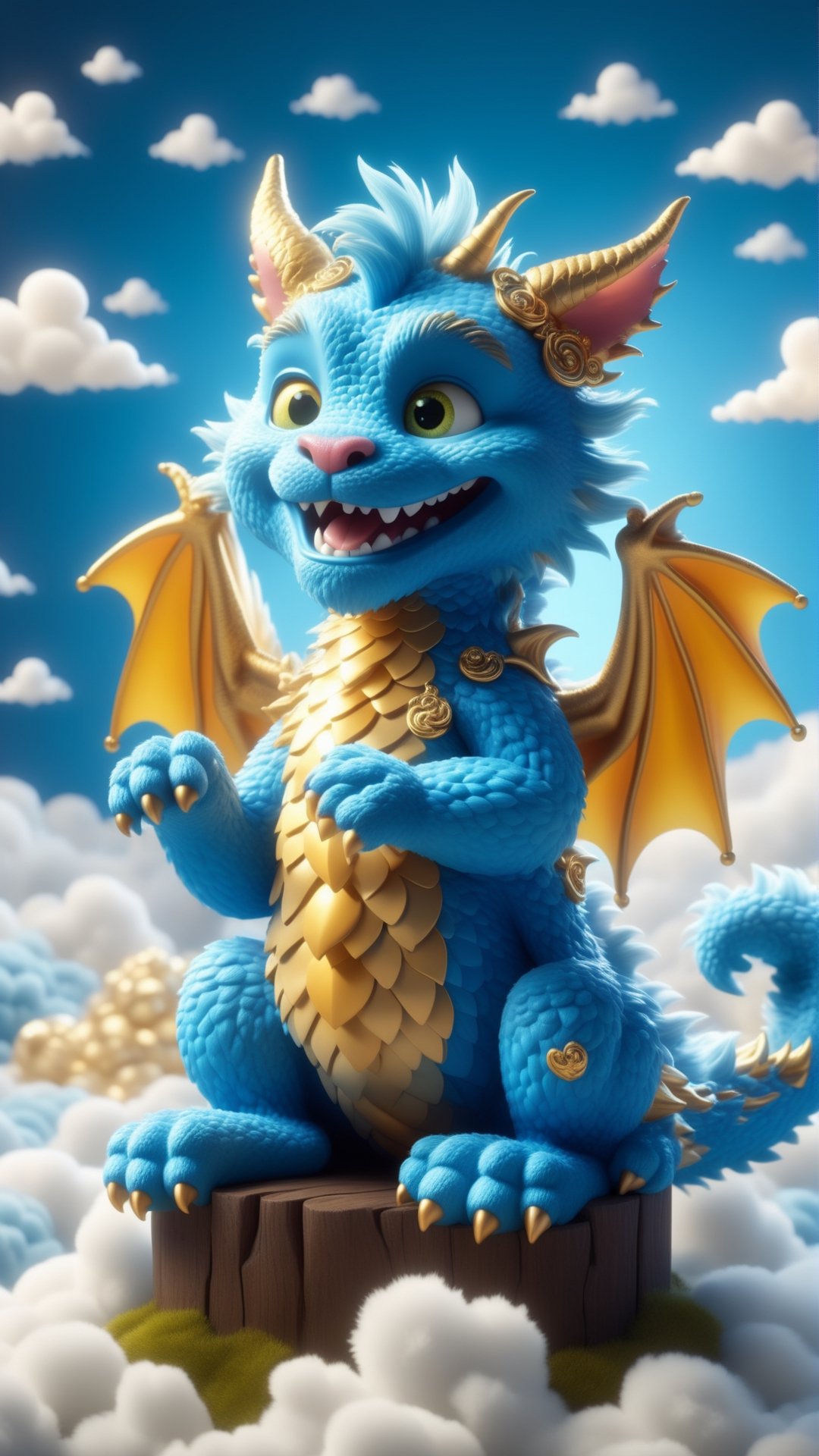 Pixar anime movie scene style, the cute fluffy little fuzzy blue dragon is sitting in clouds, in the style of mischievous feline motif, 8k 3d, unique yokai illustrations, white and gold, chromatic joy, furry art, fantastic grotesque