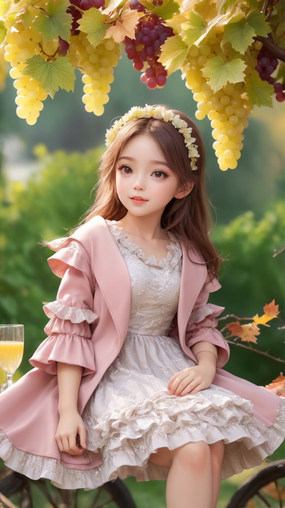 Side view, Autumn style, realistic high quality grapes tree, grapes full the branch, maple leaves falling, 1girl, big eyes so charming, happy,  under the tree have a table, and grape and beautiful flowers, maple leaves falling, and a adorable lovely cute big charming eyes girl wearing pink and white Ruffles dress and coat, holding juice 
 near flowers, Turn around and look viewers , pink flowers blooming fantastic amazing and romantic lighting bokeh, yellow flowers blooming realistic and green plants amazing tale and lighting as background, Xxmix_Catecat