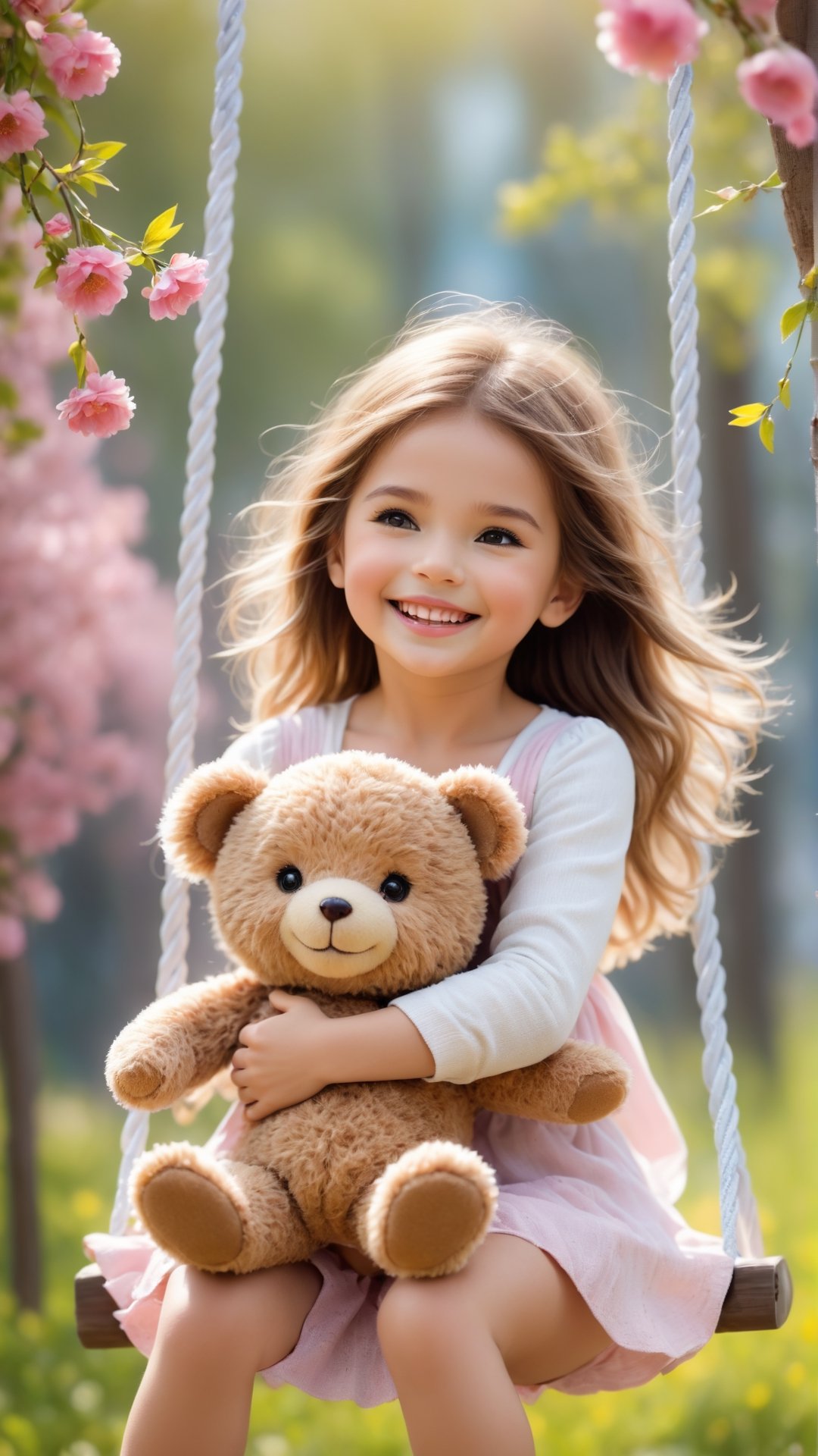 Flowers blooming, fantastic amazing photos, A cute little girl laughing at the flowers tree swing so happy, She hug a cute little teddy bear, petas falling beautiful scene like heaven, portrait photography, fantastic flowers bokeh background ,Movie Still