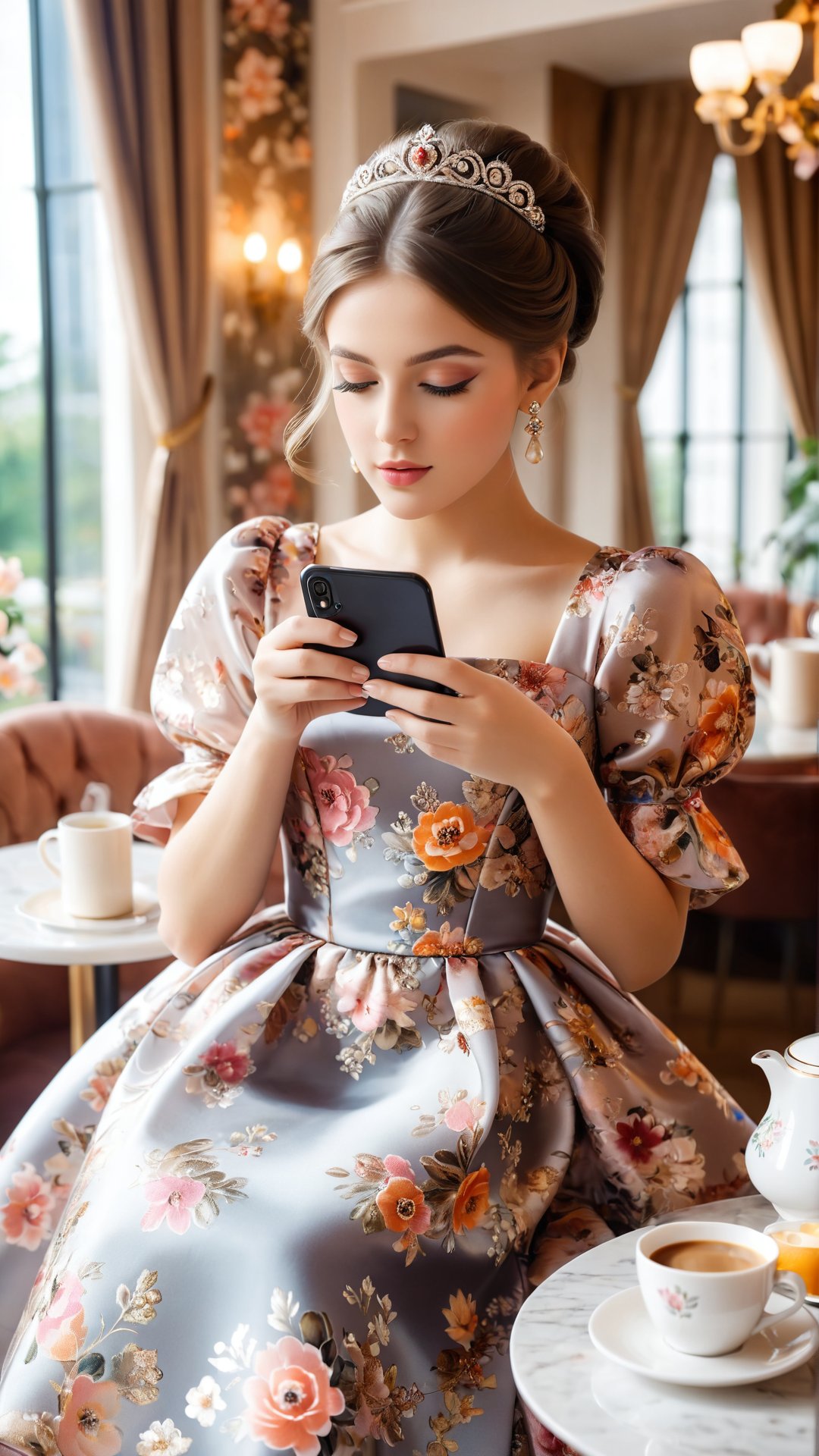 Flowers bloom style, A stunning portrait photograph of a young princess enjoying her morning coffee. The princess is dressed in a chic and elegant outfit, with a beautiful floral pattern on the dress. She holds a steaming cup of coffee with her left hand, and in her right hand, she has a smartphone, possibly to capture the perfect #OOTD moment. The background is tastefully blurred, highlighting the princess and her morning ritual., portrait photography, fashion, photo, depth of field.