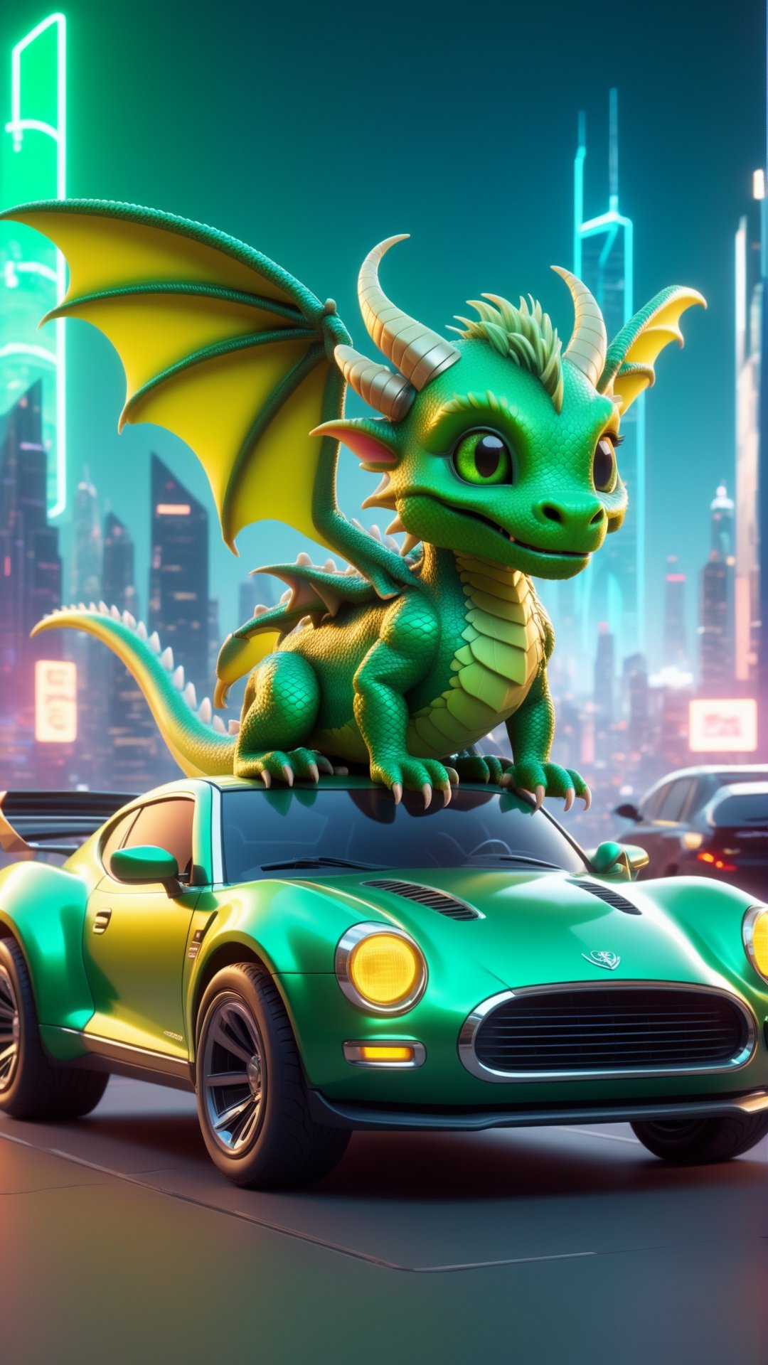 A charming 3d rendering of a cute green dragon in a chibi - style. the dragon perches on top of a car, with a backdrop of a futuristic cyberpunk city street. neon lights, towering skyscrapers, and a bustling atmosphere add vibrancy to the scene. aspect ratio