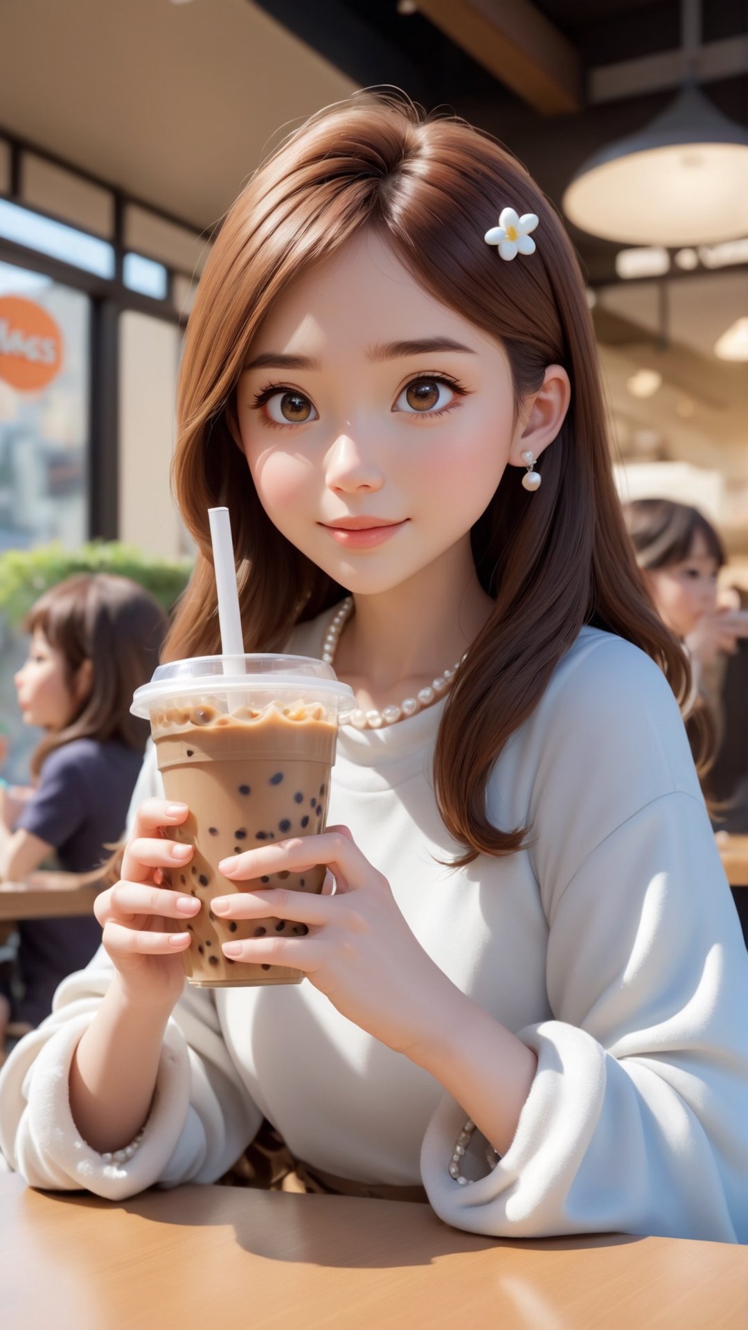 Pixar anime movie scene style, Disney anime scene style, an anime girl drinking Pearl milk tea at a table, in the style of realistic images, childlike, realistic lifelike figures, he Jiaying, white and brown, cute and colorful, shiny/glossy, Realistic photograph, high quality, portrait photograph