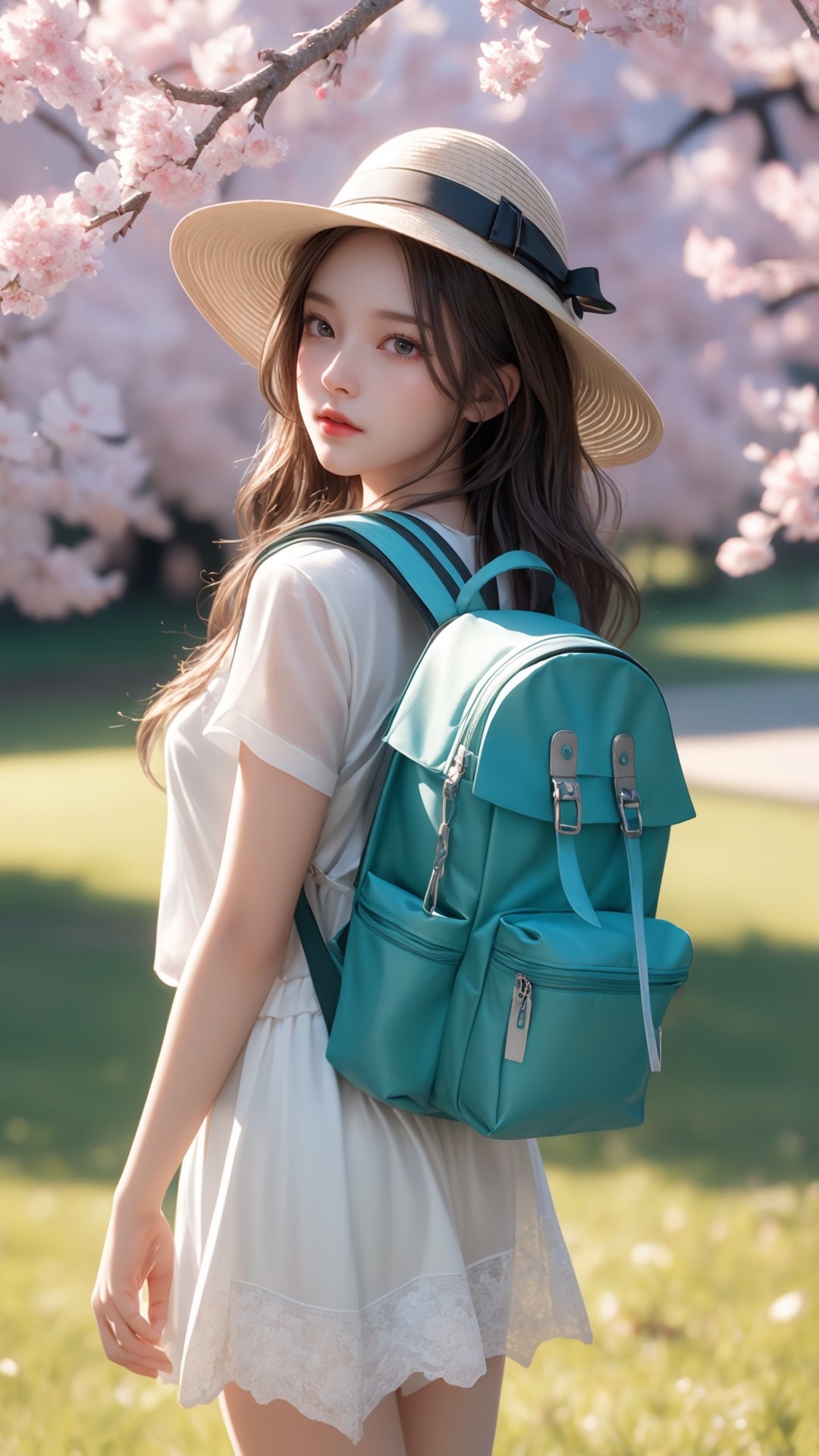Rockwind, outdoor camping girl, cute wind element fairy girl, wavy hair, cartoon modeling design, backpack camera, wearing a cute hat, cherry trees under green grass in spring, gradient style, fashion play blind box, clean background, natural lighting, 8K, super detail, 3D, depth of field, Pixar trend, super realism, ray tracing, complex details, artistic background, super detail, fine texture, OC renderer, Ultra HD, fine texture, front fuselage, 3D rendering, 8K