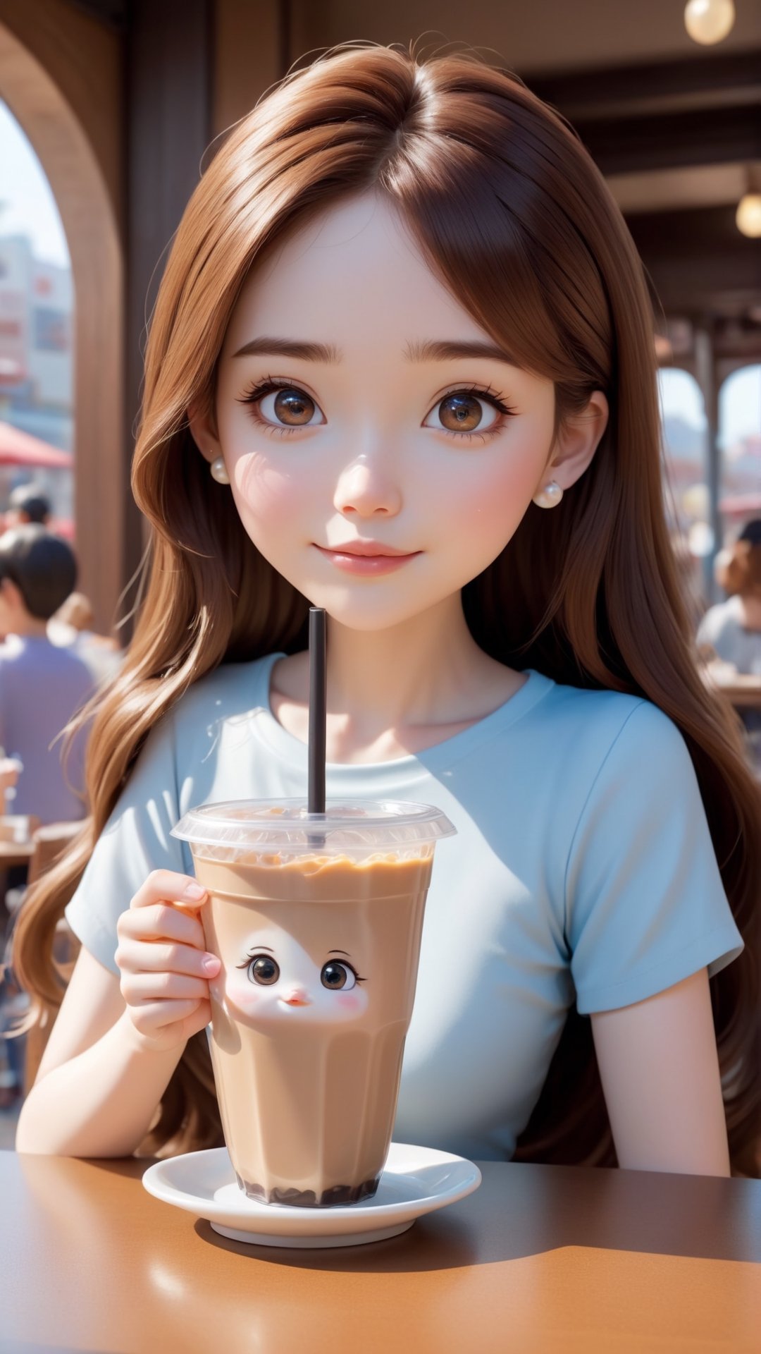 Pixar anime movie scene style, Disney anime scene style, an anime girl drinking Pearl milk tea at a table, in the style of realistic images, childlike, realistic lifelike figures, he Jiaying, white and brown, cute and colorful, shiny/glossy, Realistic photograph, high quality, portrait photograph