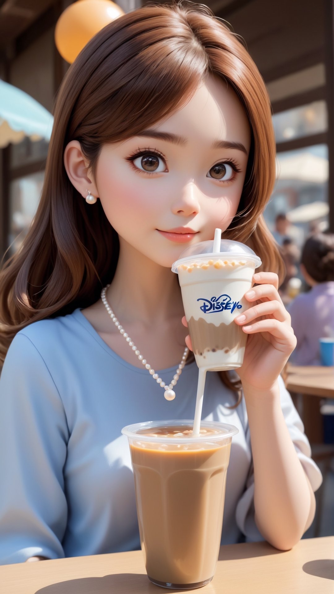 Pixar anime movie scene style, Disney anime scene style, an anime girl drinking Pearl milk tea at a table, in the style of realistic images, childlike, realistic lifelike figures, he Jiaying, white and brown, cute and colorful, shiny/glossy, Realistic photograph, high quality, portrait photograph