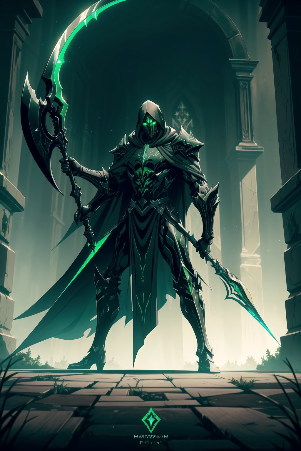 (Masterpiece, Best Quality), (Grim Reaper in Warframe Style Armor), (Masculine Appearance:1.4), (Muscular Frame Build:1.2), (Glowing Green Eyes), (Wearing Black and Green Grim Reaper-Themed Armor and Black Flowing Cloak:1.4), (Wielding a Black Scythe:1.4), (Foggy Cemetery at Night:1.2), (Action Pose:1.4), Centered, (Full Body Shot:1.2), (From Front Shot:1.2), Insane Details, Intricate Face Detail, Intricate Hand Details, Cinematic Shot and Lighting, Realistic and Vibrant Colors, Sharp Focus, Ultra Detailed, Realistic Images, Depth of Field, Incredibly Realistic Environment and Scene, Master Composition and Cinematography, castlevania style,castlevania style,WARFRAME