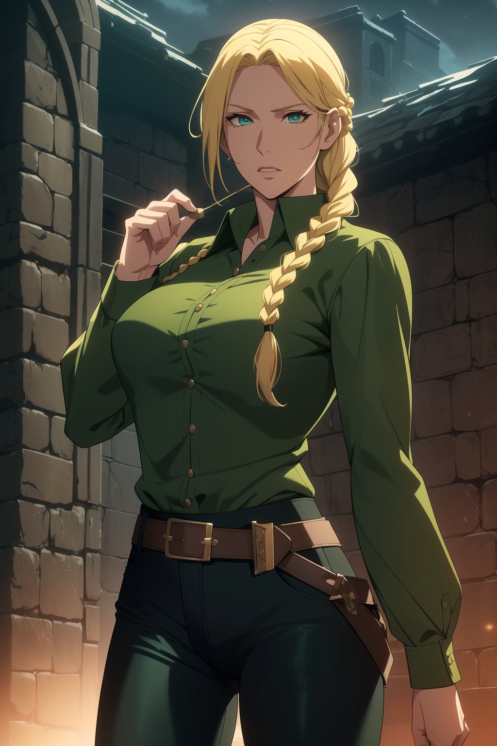 (Masterpiece, Best Quality), (A Resilient 25-Year-Old British Female Hunter), (Blonde Hair in a Singular Braid:1.4), (Observant Green Eyes), (Fair Skin), (Wearing Loose-buttoned Dark Green Shirt and Black Tight Pants:1.4), (Outback Wilderness at Night:1.2), (Standing Pose:1.4), Centered, (Half Body Shot:1.4), (From Front Shot:1.2), Insane Details, Intricate Face Detail, Intricate Hand Details, Cinematic Shot and Lighting, Realistic and Vibrant Colors, Sharp Focus, Ultra Detailed, Realistic Images, Depth of Field, Incredibly Realistic Environment and Scene, Master Composition and Cinematography, castlevania style,castlevania style