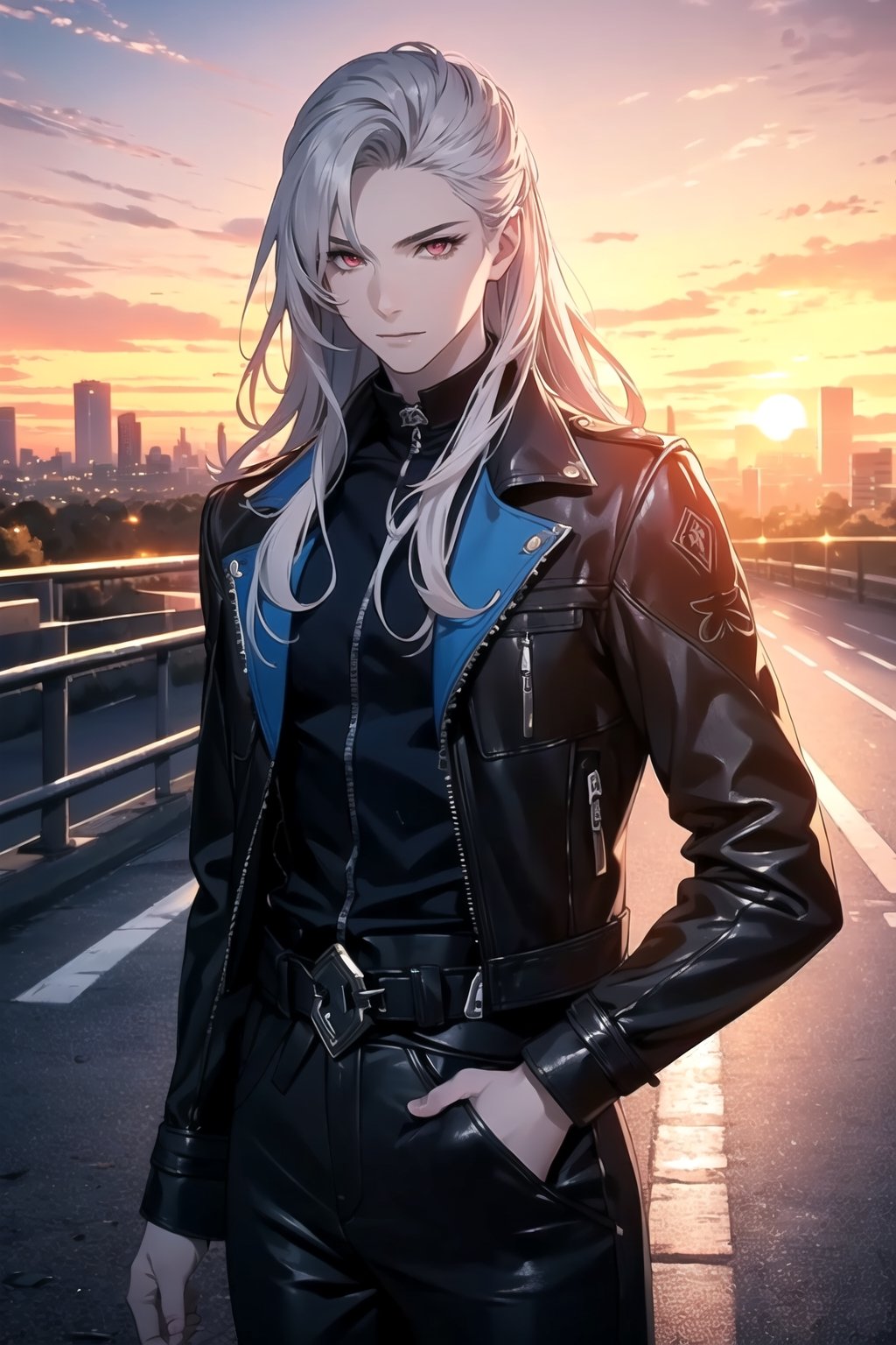 (One Person), (Ultra Realistic Image of a Handsome 25 Years Old British Male Vampire), (Long Flowing Silver Hair:1.2), (Pale Skin:1.6), (Dark Red Eyes), (Wearing Blue Leather Long Jacket and Black Long Pants:1.4), (Dynamic Pose:1.4), (City Road at Evening with Sunset:1.6), Centered, (Waist-up Shot:1.4), From Front Shot, Insane Details, Intricate Face Detail, Intricate Hand Details, Cinematic Shot and Lighting, Realistic and Vibrant Colors, Masterpiece, Sharp Focus, Ultra Detailed, Taken with DSLR camera, Realistic Photography, Depth of Field, Incredibly Realistic Environment and Scene, Master Composition and Cinematography,neuvillette